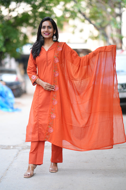 Orange Jaipur Cotton with Lace on Neck and Kurta and Embroidery on Duppata and Sleeves