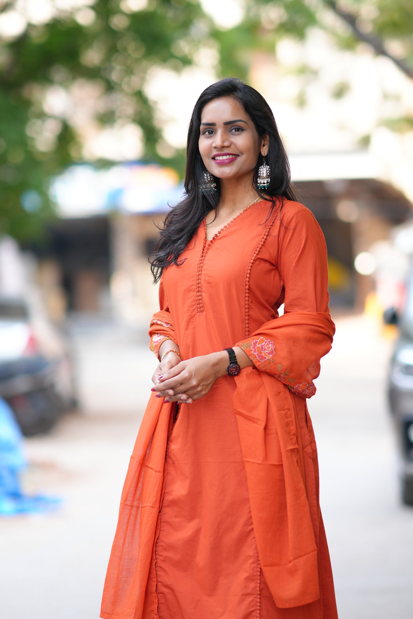 Orange Jaipur Cotton with Lace on Neck and Kurta and Embroidery on Duppata and Sleeves