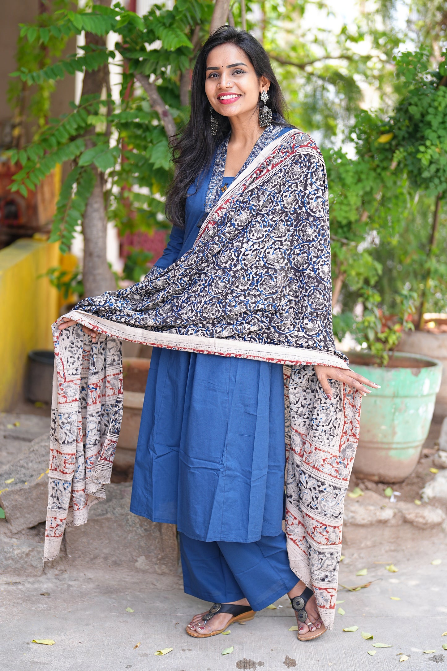 Blue Color Jaipur Cotton Anarkali Pattern V Neck With Kalamkari Dupatta