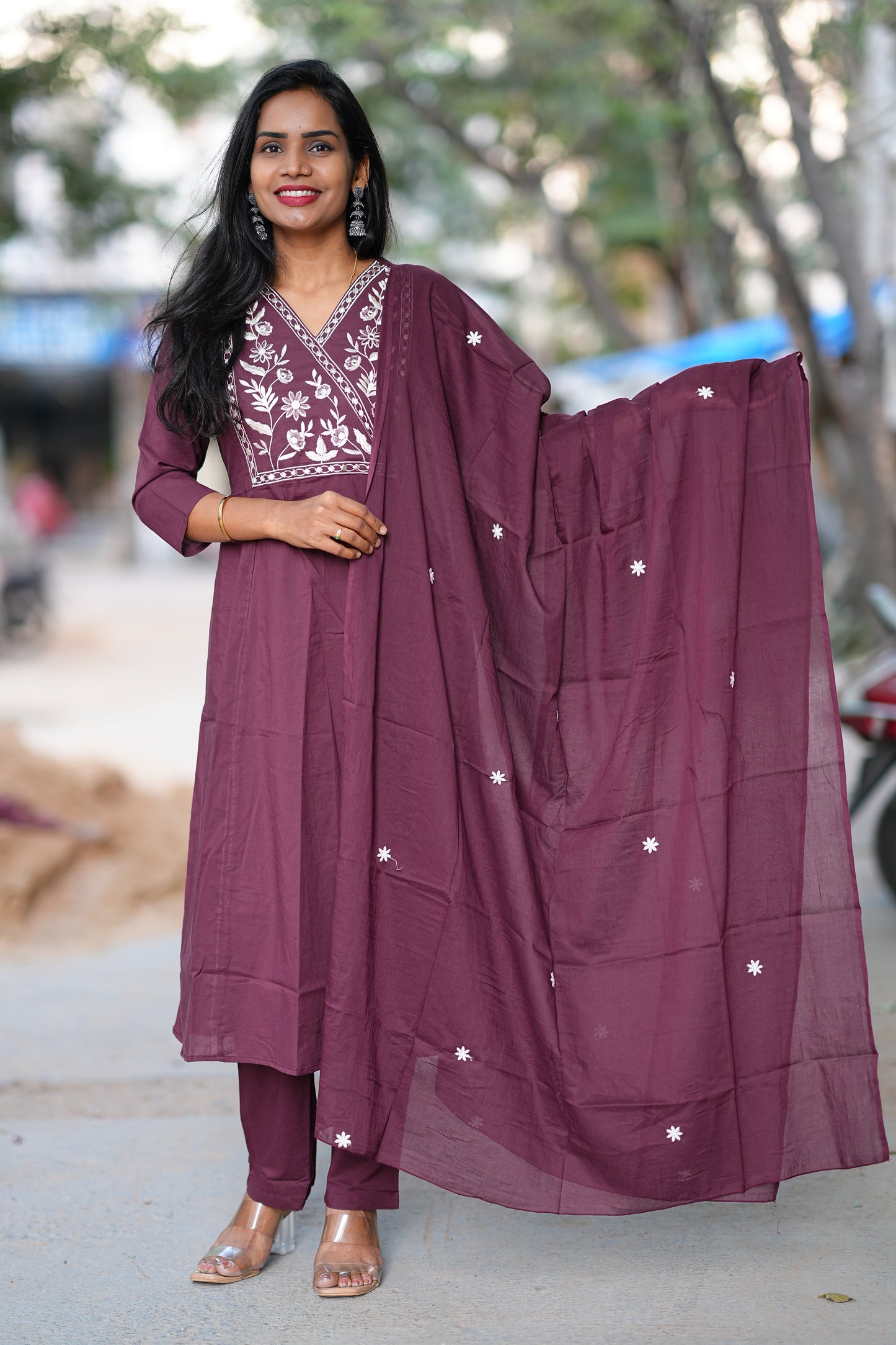 Pure 92.5 Cotton With Thread Embroidery Work anarkali 3 Piece Set