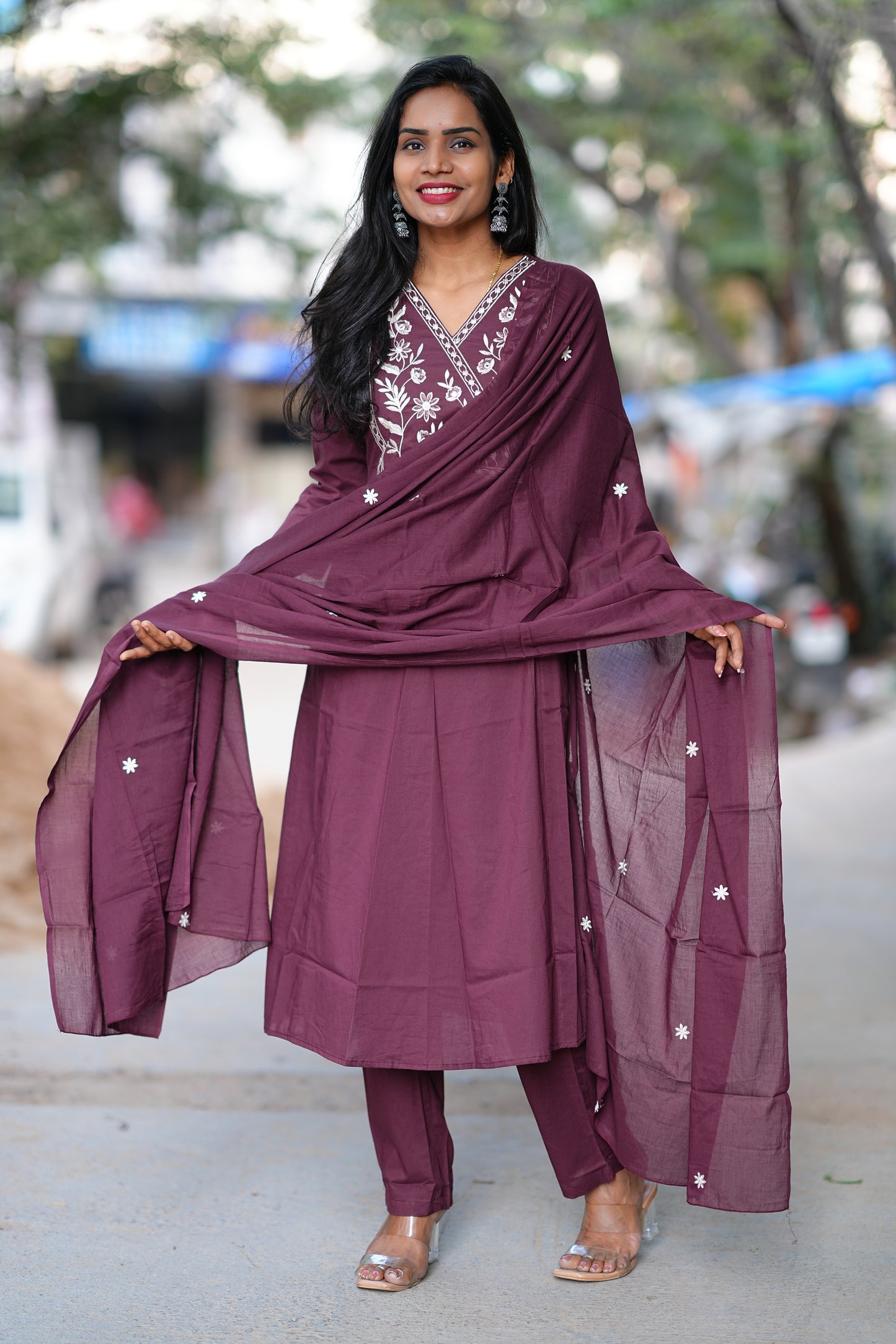 Pure 92.5 Cotton With Thread Embroidery Work anarkali 3 Piece Set