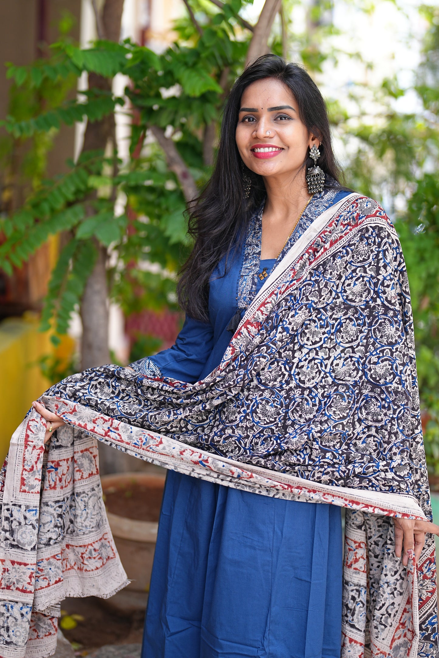 Blue Color Jaipur Cotton Anarkali Pattern V Neck With Kalamkari Dupatta