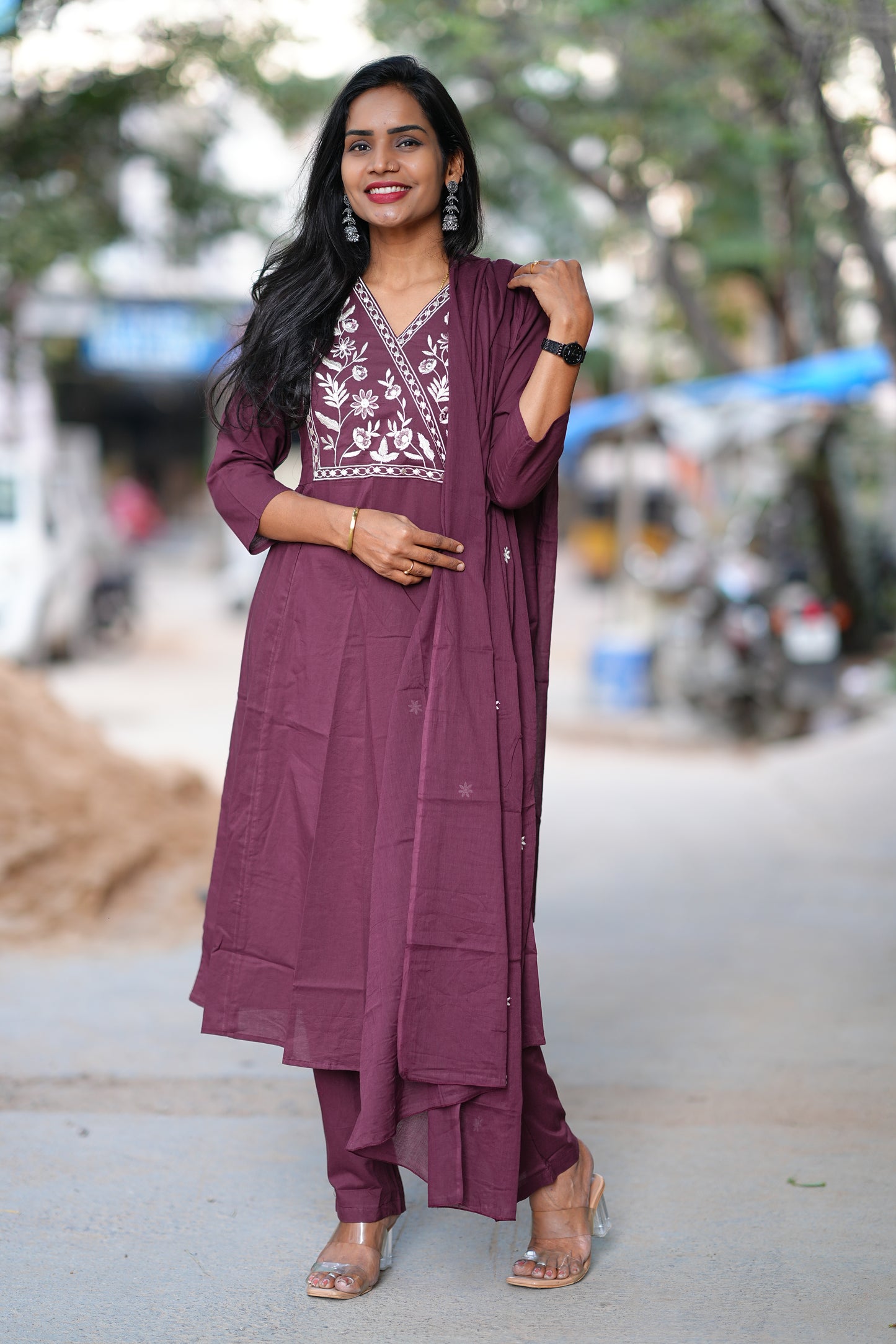 Pure 92.5 Cotton With Thread Embroidery Work anarkali 3 Piece Set