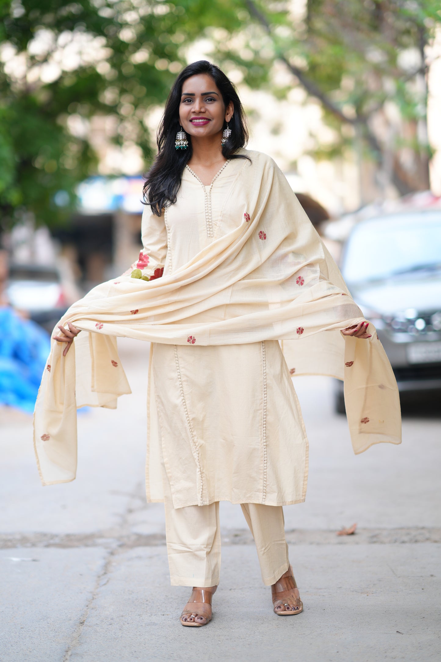 Cream Jaipur Cotton with Lace on Neck and Kurta and Heavy Embroidery on Sleeves