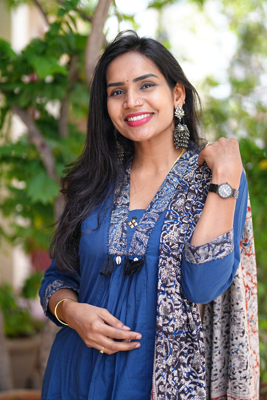 Blue Color Jaipur Cotton Anarkali Pattern V Neck With Kalamkari Dupatta
