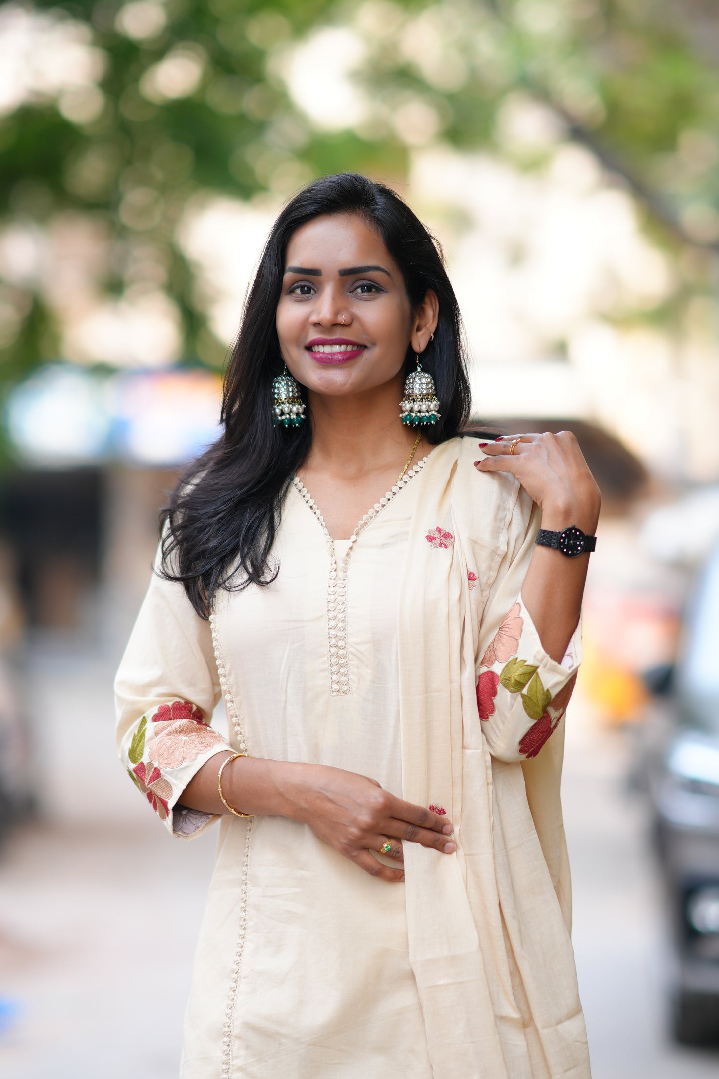 Cream Jaipur Cotton with Lace on Neck and Kurta and Heavy Embroidery on Sleeves