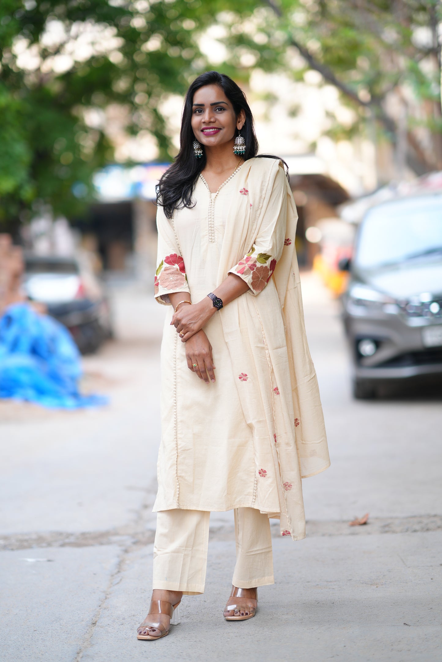 Cream Jaipur Cotton with Lace on Neck and Kurta and Heavy Embroidery on Sleeves