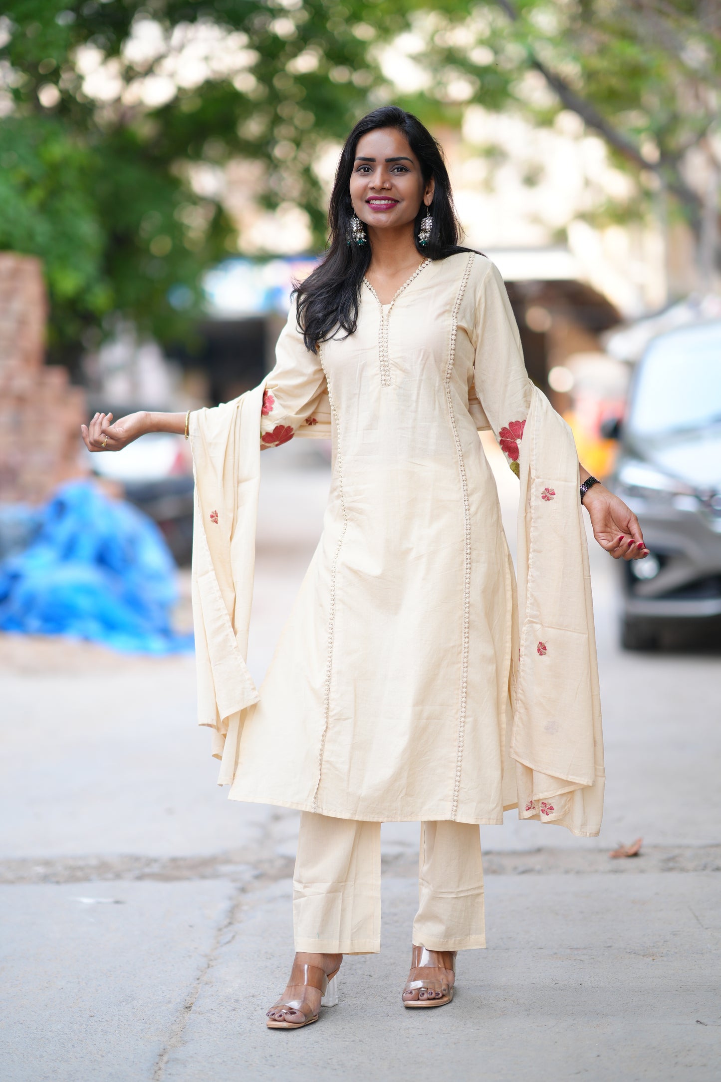 Cream Jaipur Cotton with Lace on Neck and Kurta and Heavy Embroidery on Sleeves
