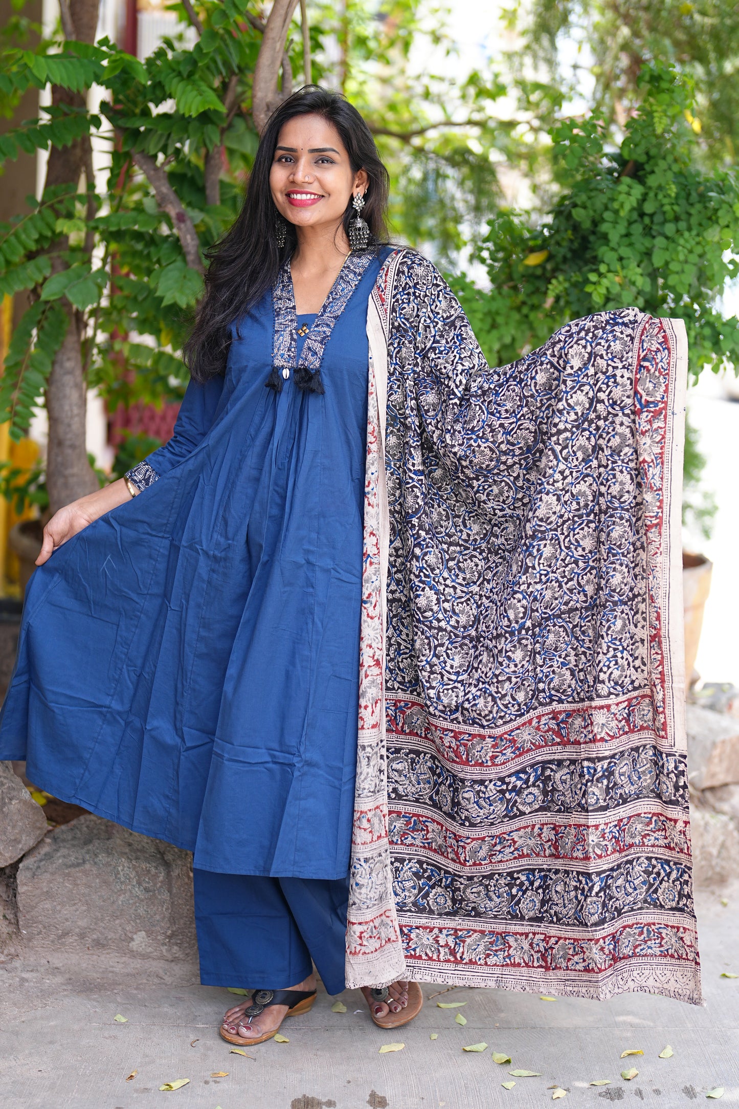 Blue Color Jaipur Cotton Anarkali Pattern V Neck With Kalamkari Dupatta