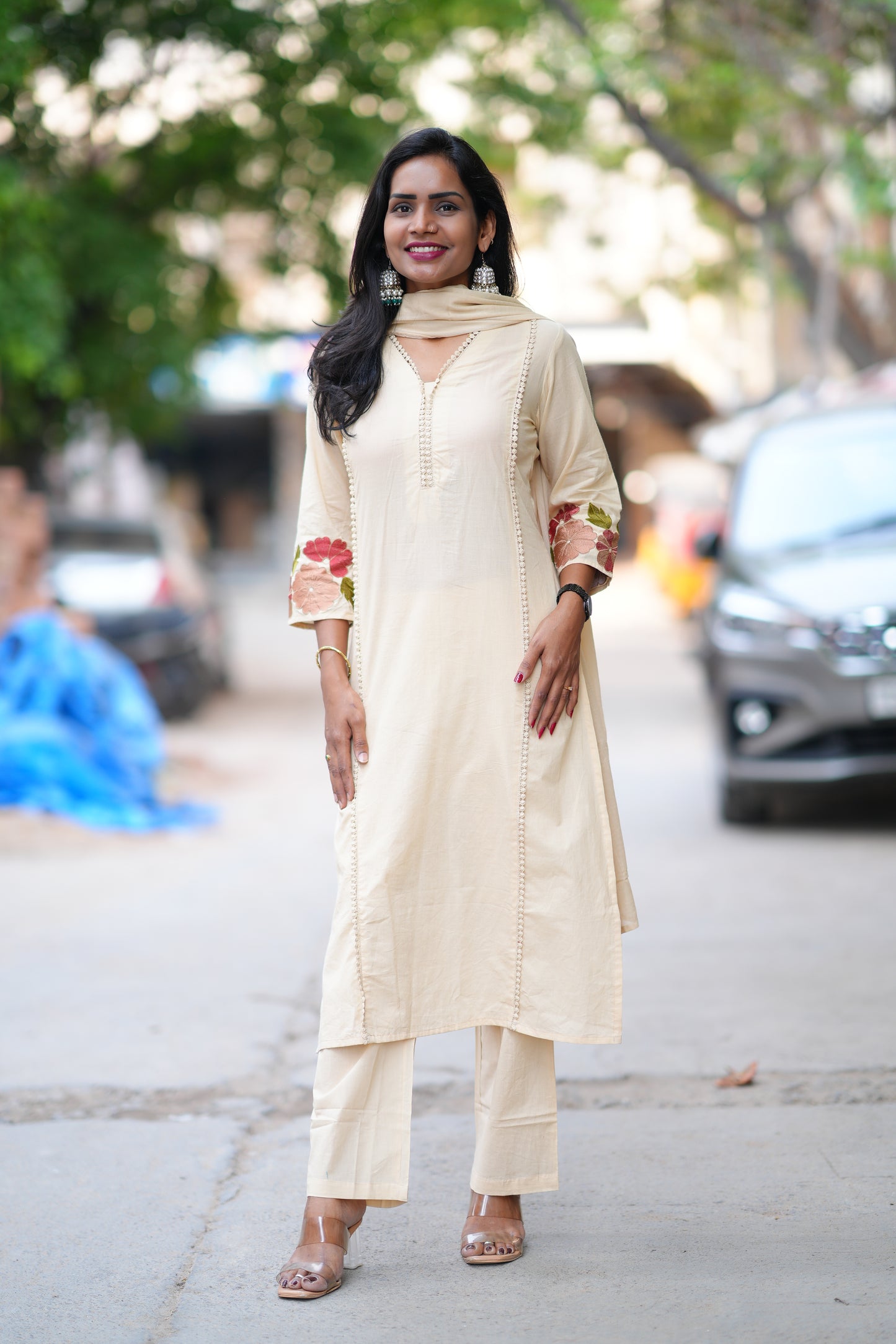 Cream Jaipur Cotton with Lace on Neck and Kurta and Heavy Embroidery on Sleeves