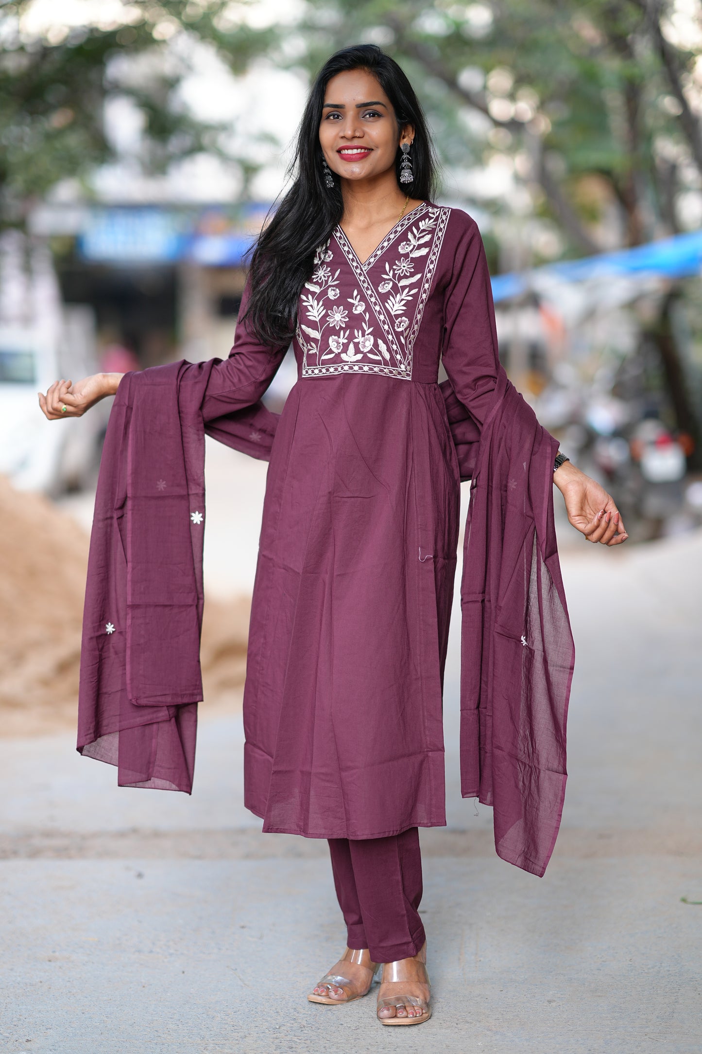 Pure 92.5 Cotton With Thread Embroidery Work anarkali 3 Piece Set