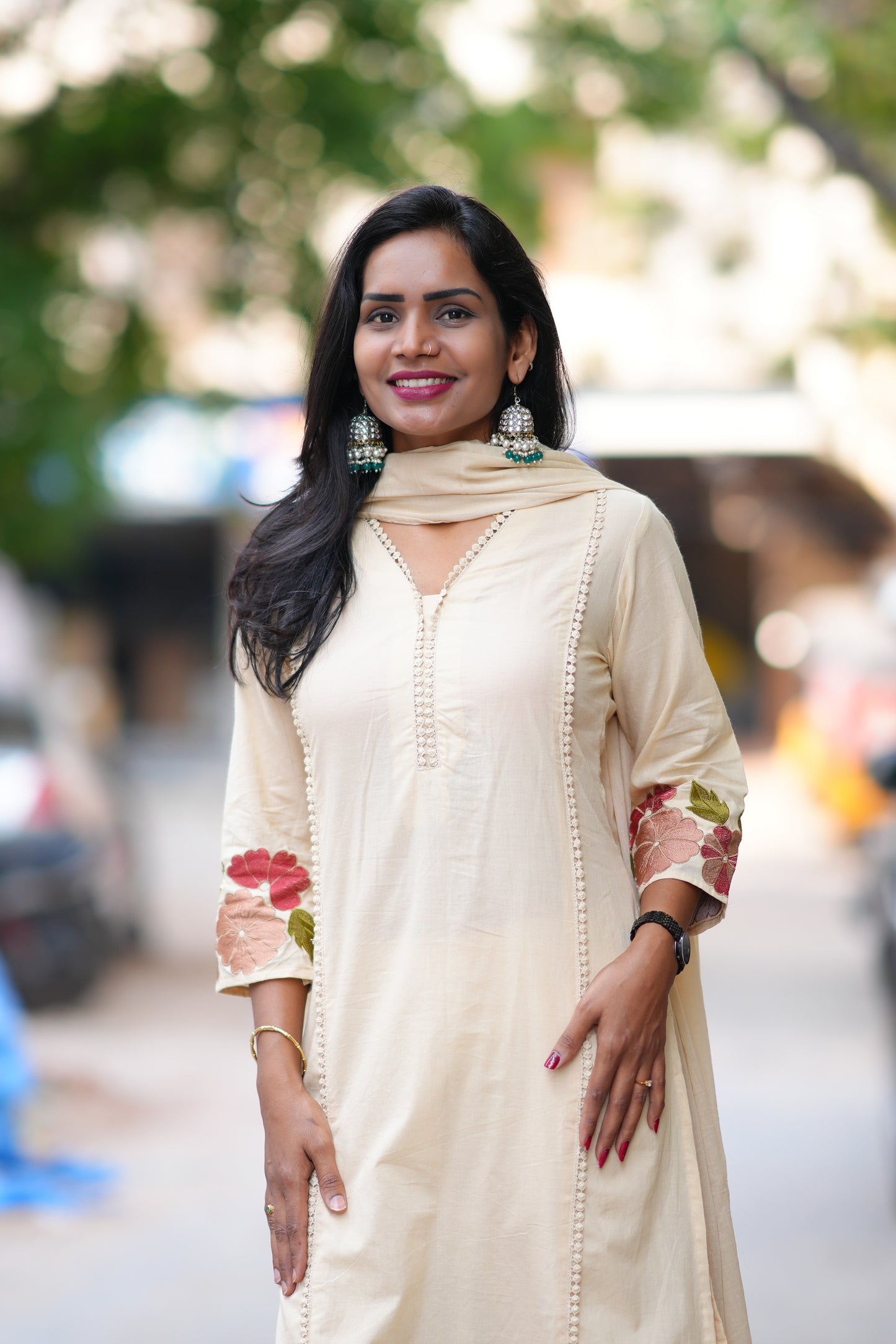 Cream Jaipur Cotton with Lace on Neck and Kurta and Heavy Embroidery on Sleeves