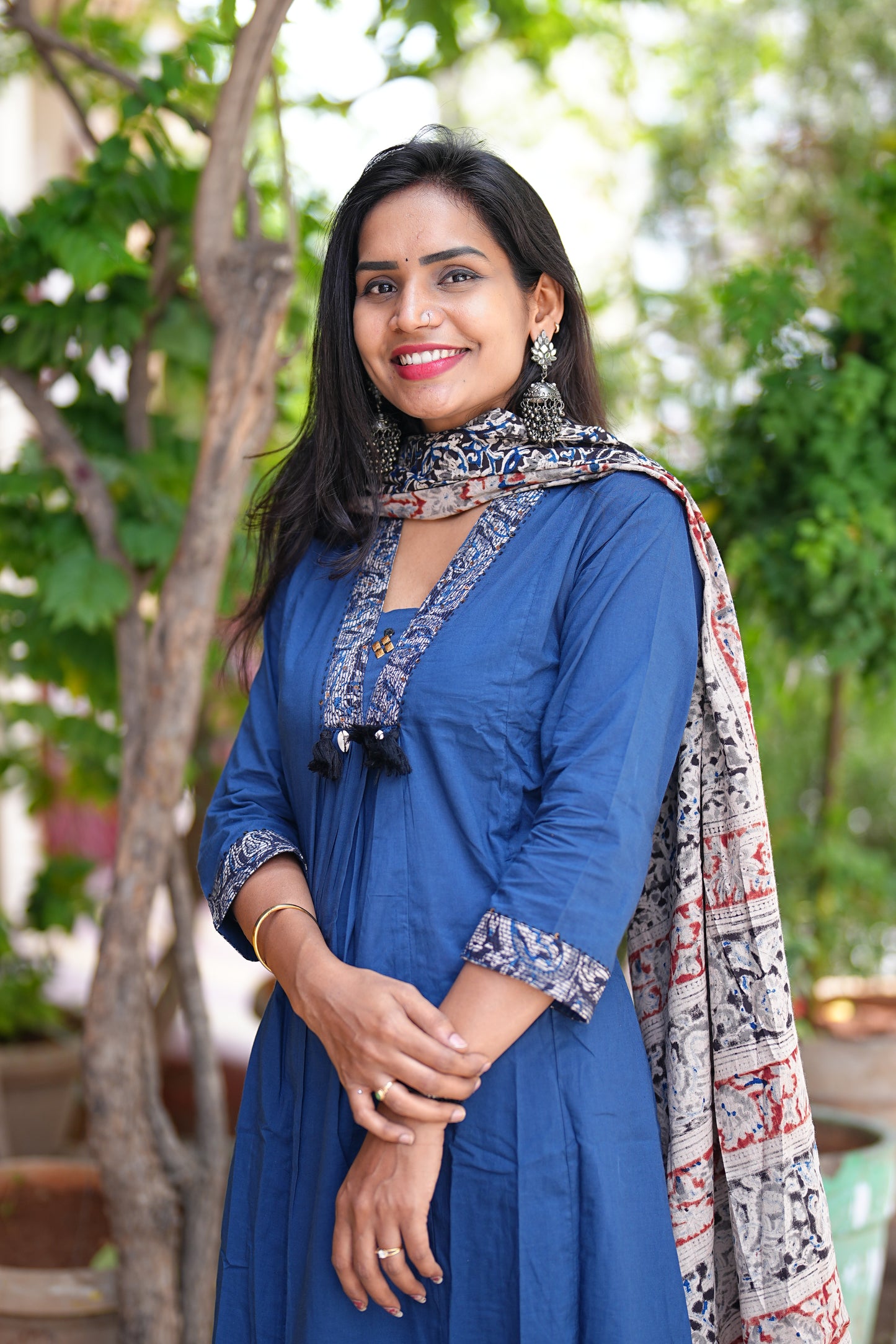Blue Color Jaipur Cotton Anarkali Pattern V Neck With Kalamkari Dupatta