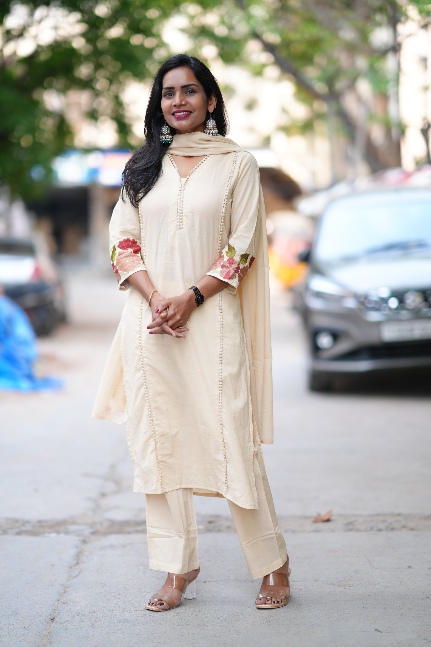 Cream Jaipur Cotton with Lace on Neck and Kurta and Heavy Embroidery on Sleeves