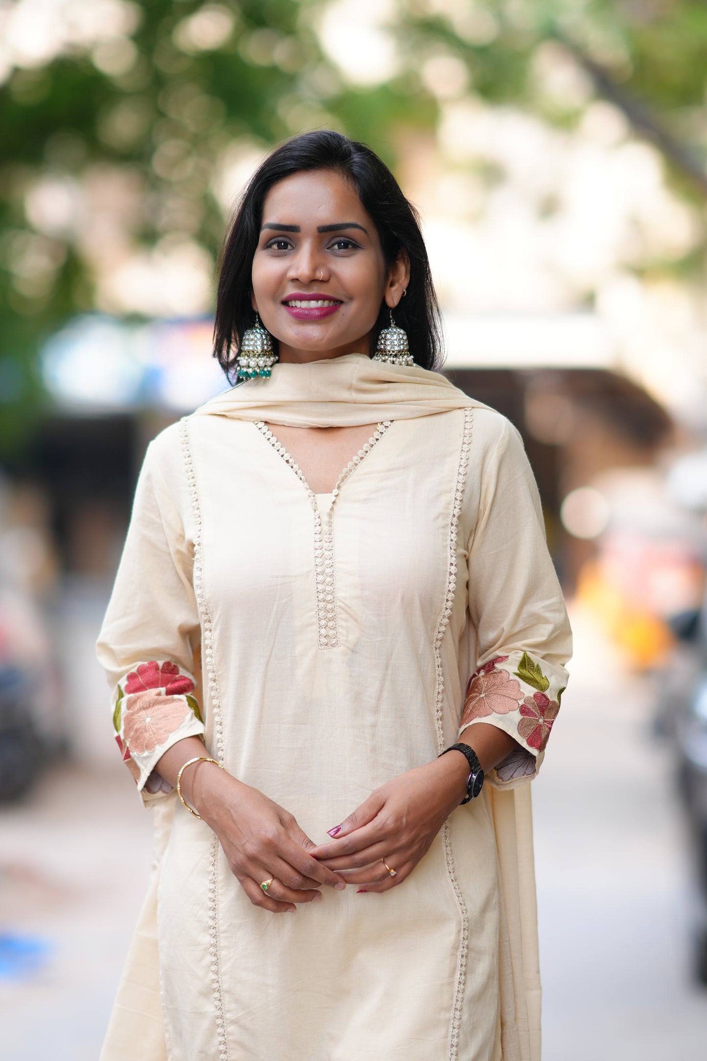 Cream Jaipur Cotton with Lace on Neck and Kurta and Heavy Embroidery on Sleeves