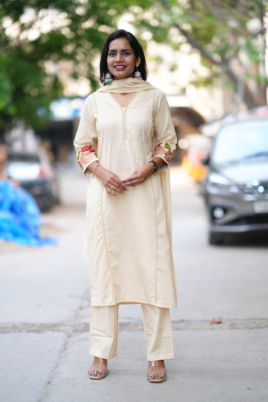 Cream Jaipur Cotton with Lace on Neck and Kurta and Heavy Embroidery on Sleeves