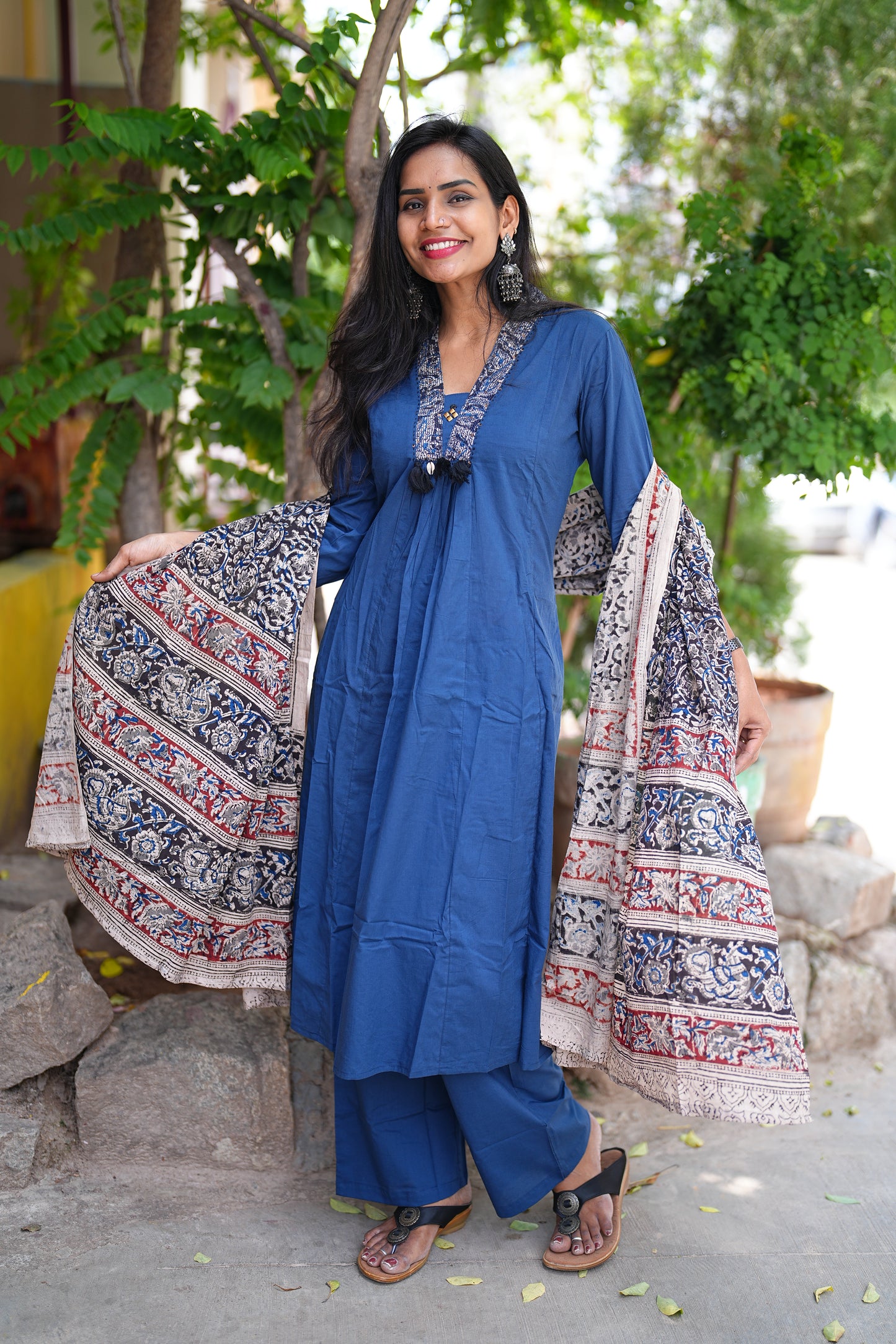 Blue Color Jaipur Cotton Anarkali Pattern V Neck With Kalamkari Dupatta