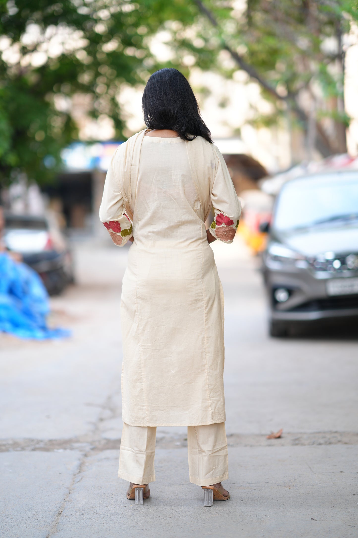 Cream Jaipur Cotton with Lace on Neck and Kurta and Heavy Embroidery on Sleeves
