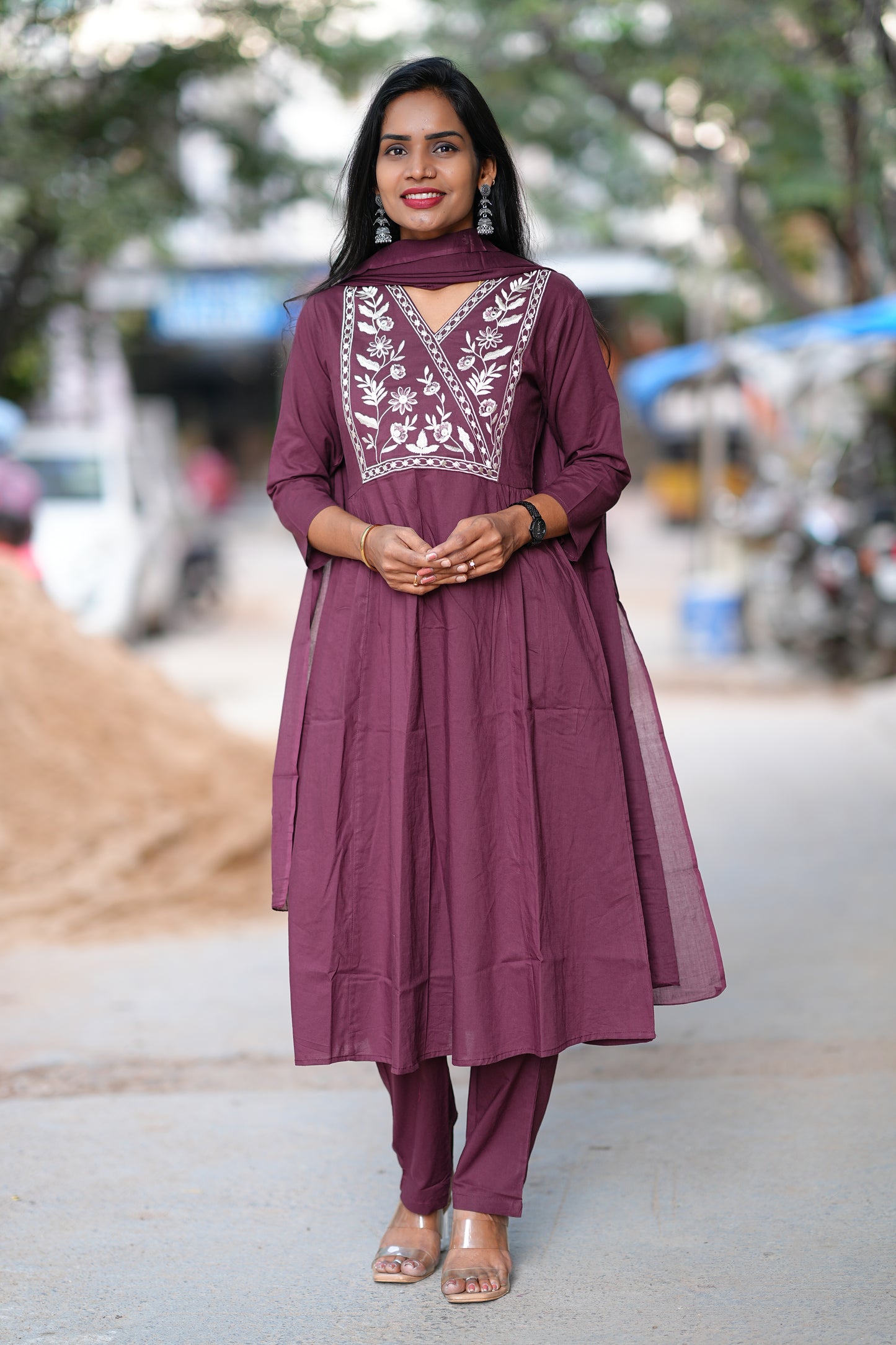 Pure 92.5 Cotton With Thread Embroidery Work anarkali 3 Piece Set