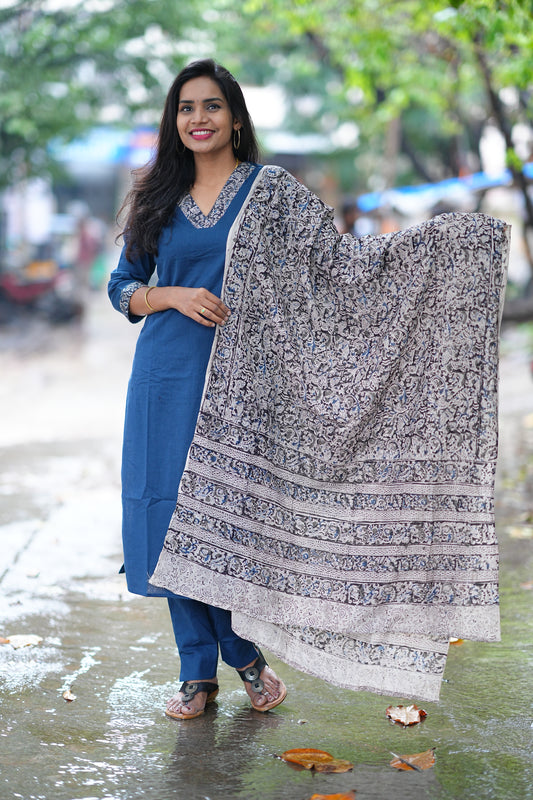Blue Color Pure Jaipur Cotton V Neck Straight Cut With Kalamkari Dupatta
