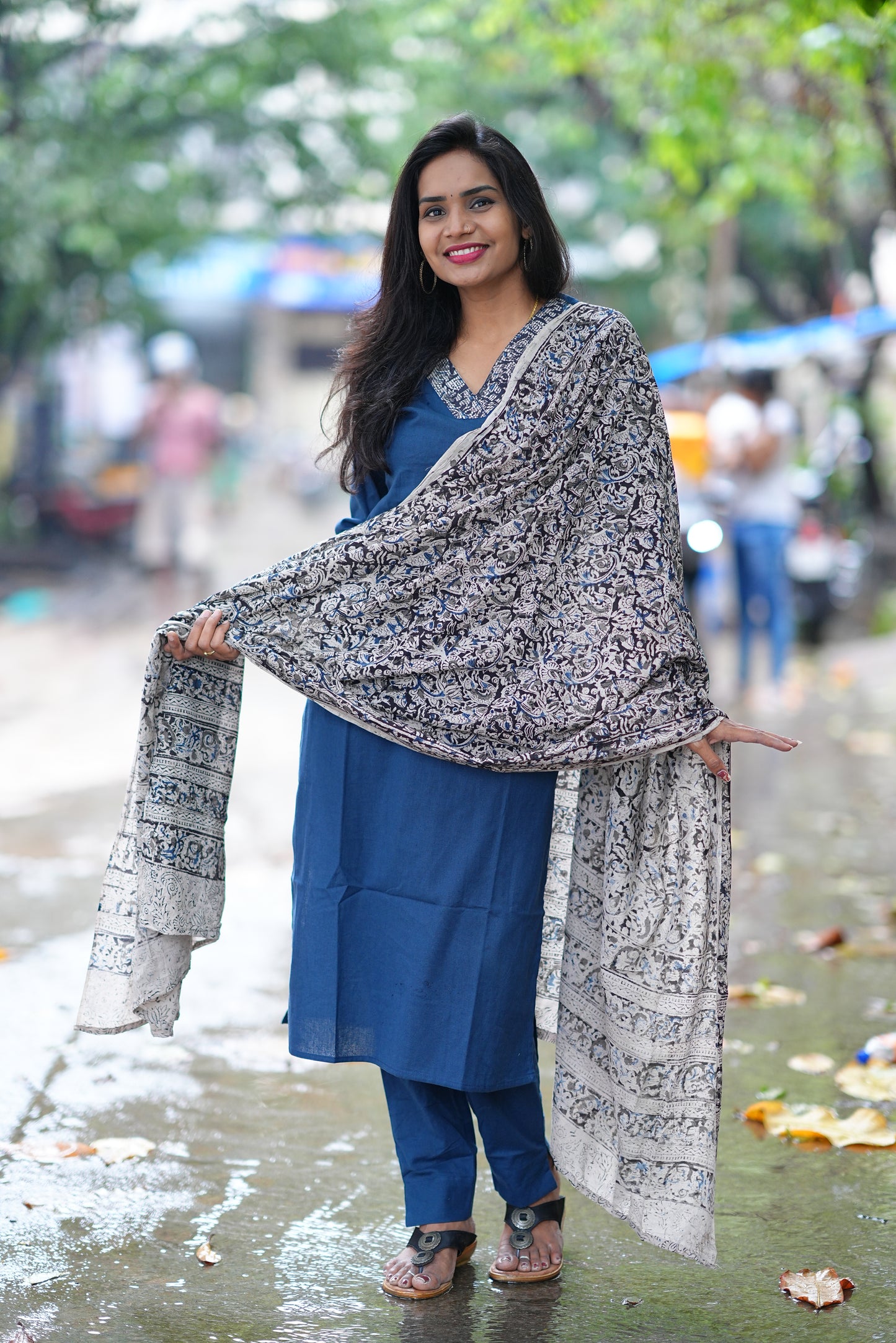 Blue Color Pure Jaipur Cotton V Neck Straight Cut With Kalamkari Dupatta