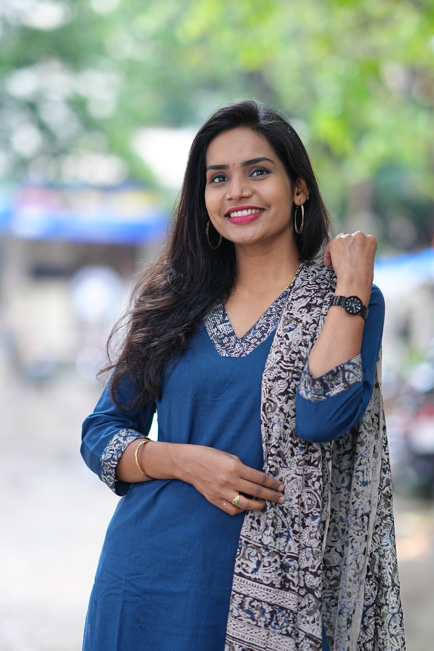 Blue Color Pure Jaipur Cotton V Neck Straight Cut With Kalamkari Dupatta