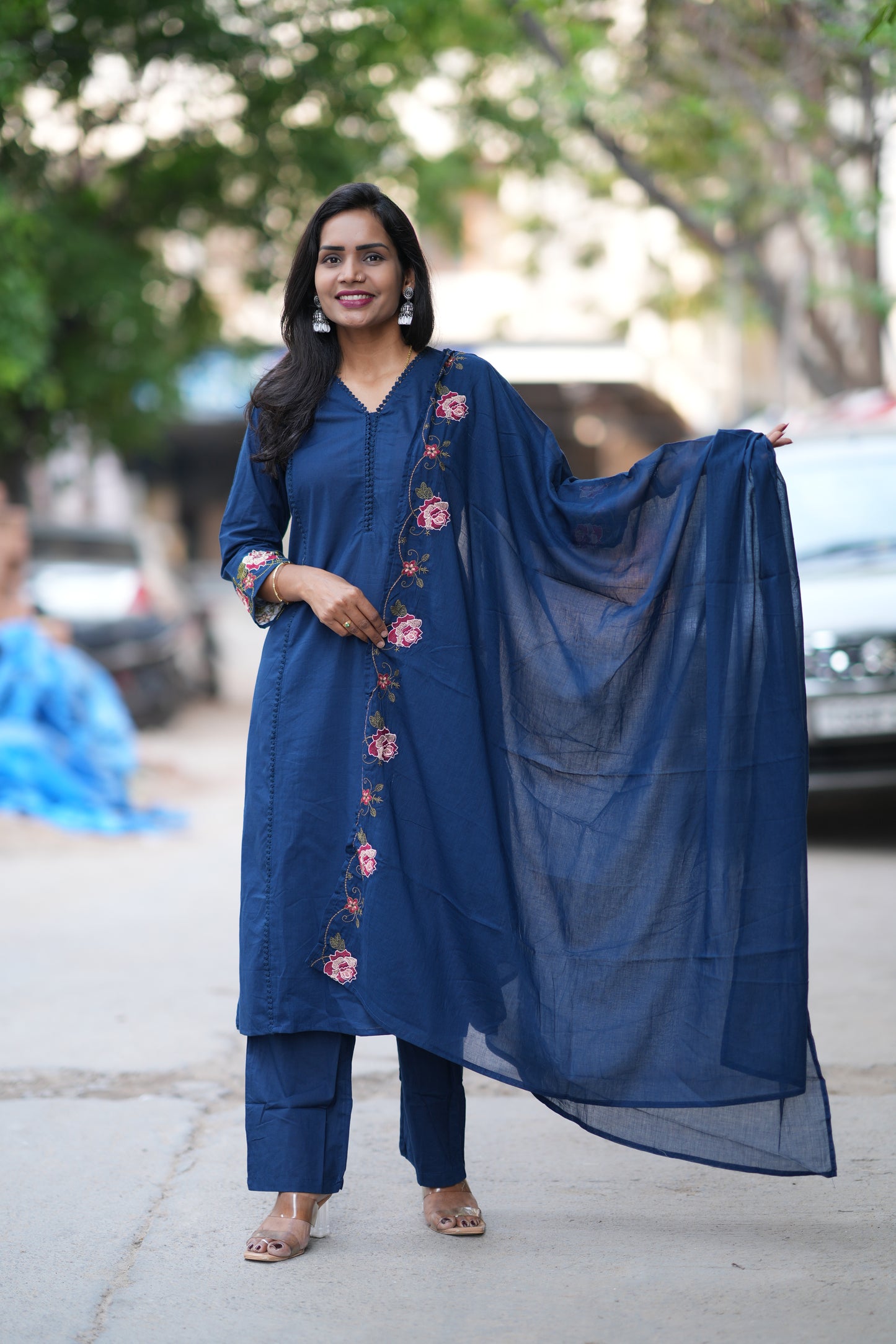 Blue Jaipur Cotton with Lace on Neck and Kurta and Embroidery on Duppata and Sleeves