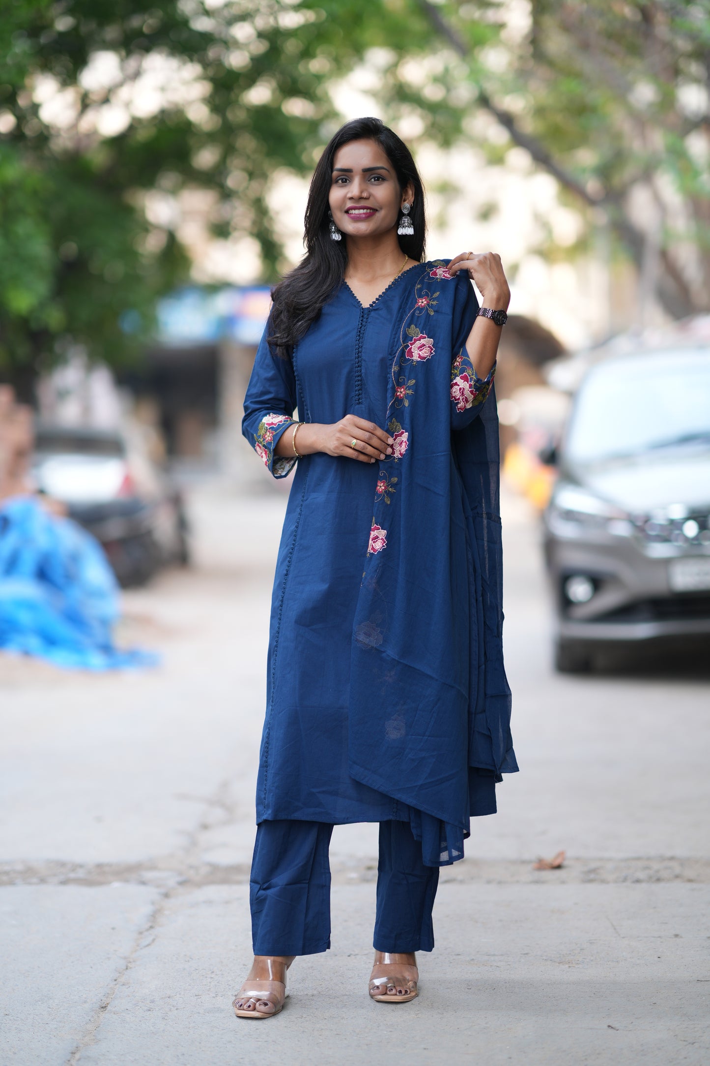 Blue Jaipur Cotton with Lace on Neck and Kurta and Embroidery on Duppata and Sleeves