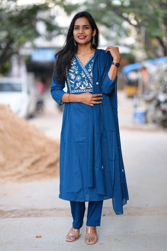 Pure 92.5 Cotton With Thread Embroidery Work anarkali 3 Piece Set