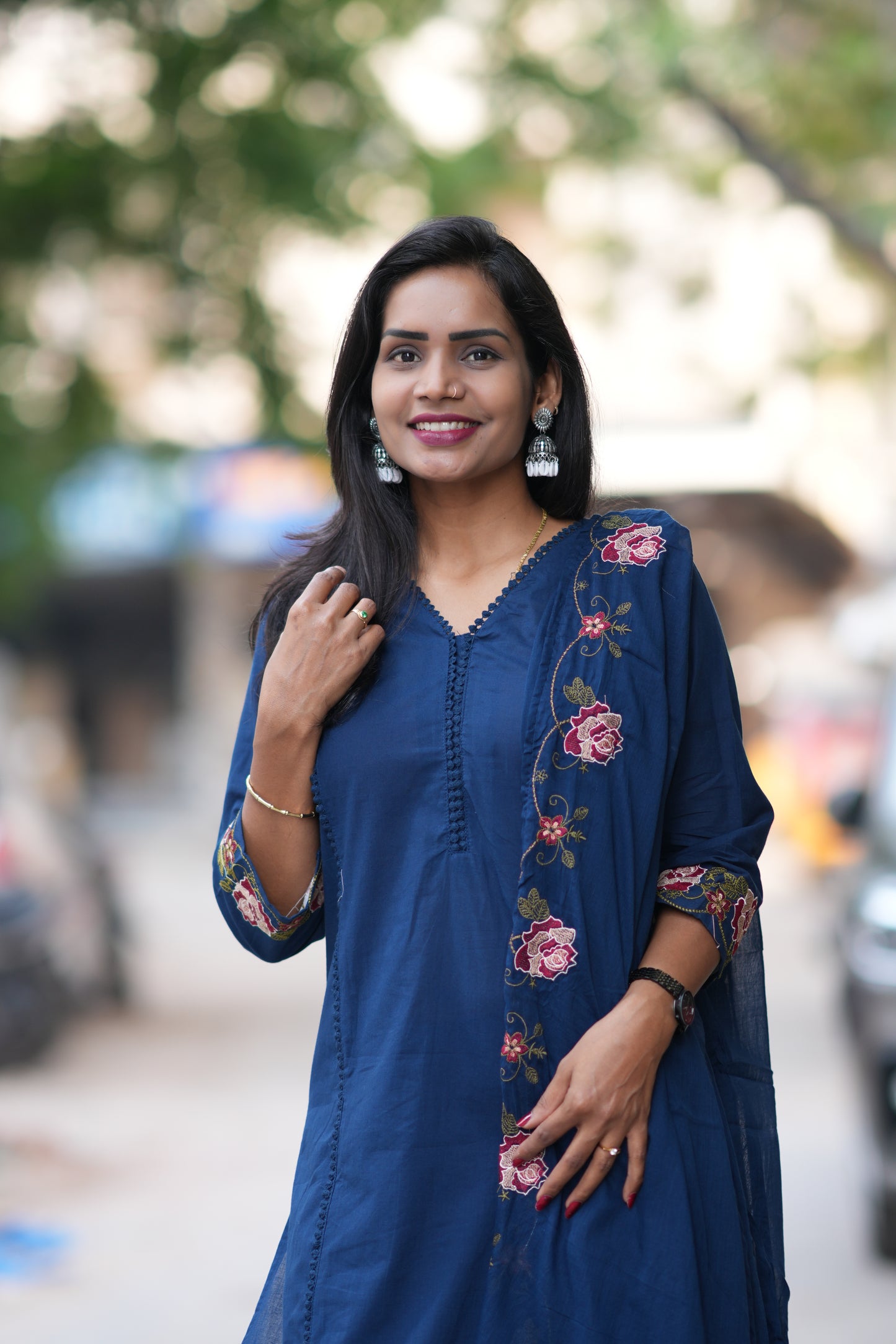 Blue Jaipur Cotton with Lace on Neck and Kurta and Embroidery on Duppata and Sleeves