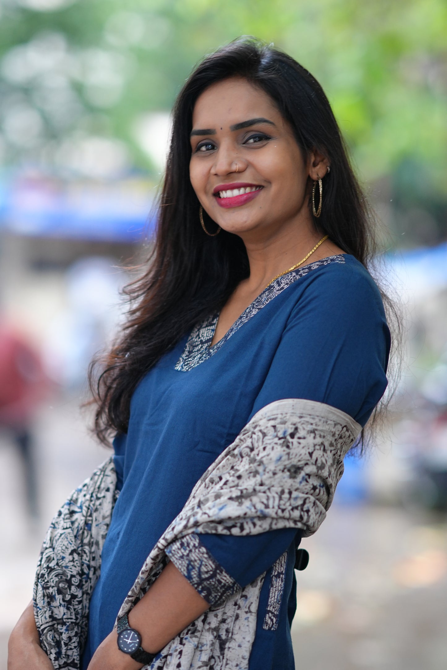 Blue Color Pure Jaipur Cotton V Neck Straight Cut With Kalamkari Dupatta