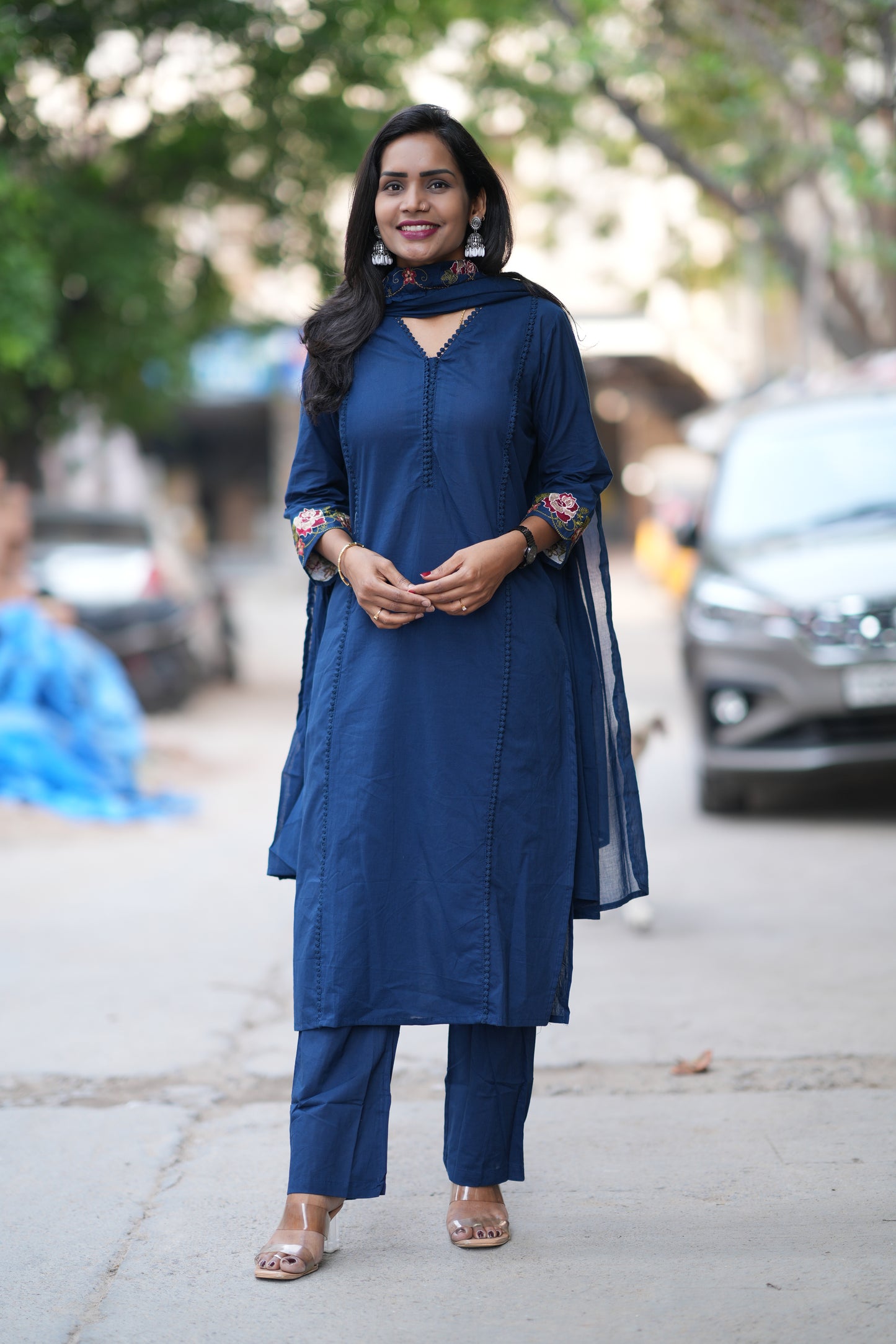 Blue Jaipur Cotton with Lace on Neck and Kurta and Embroidery on Duppata and Sleeves