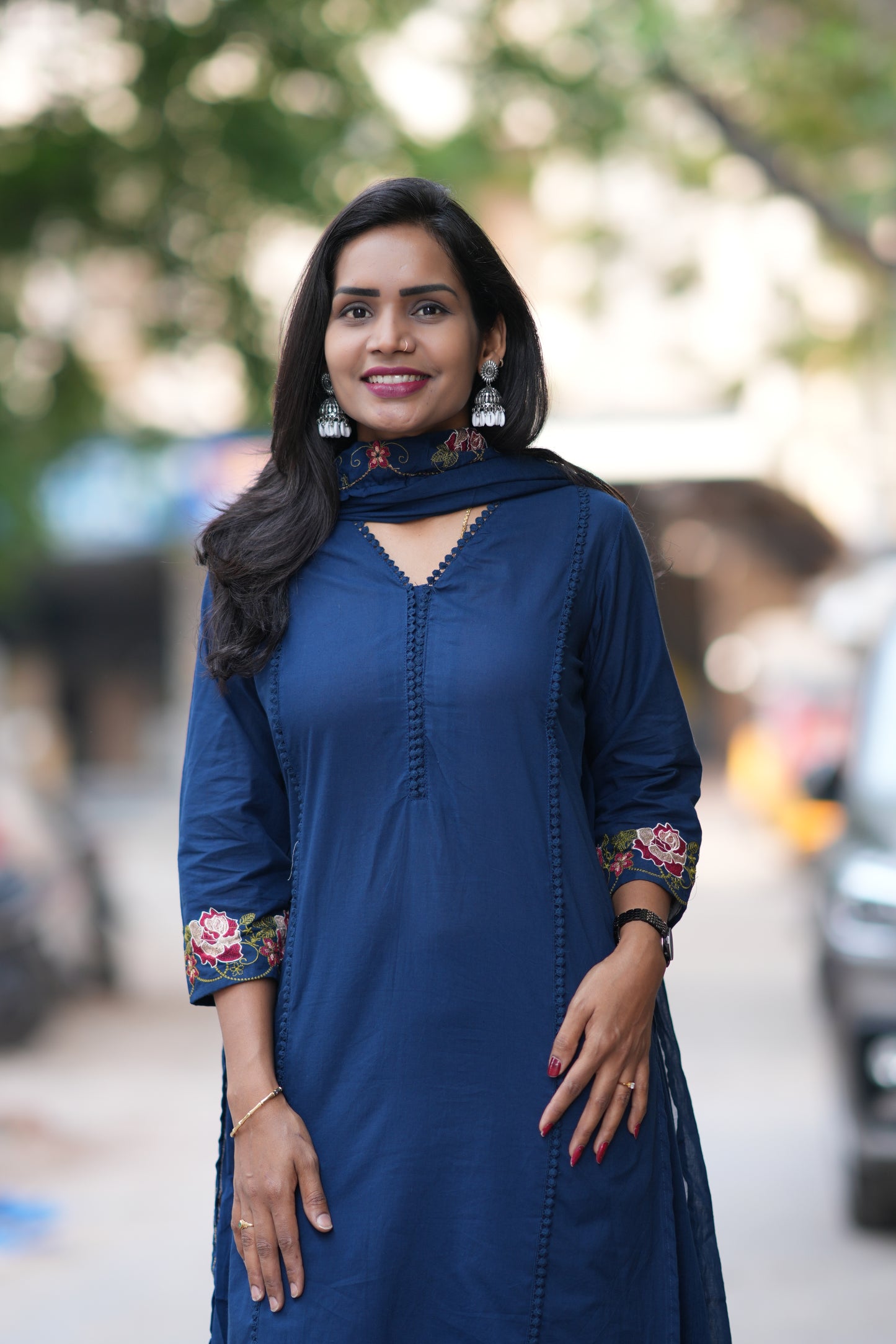Blue Jaipur Cotton with Lace on Neck and Kurta and Embroidery on Duppata and Sleeves