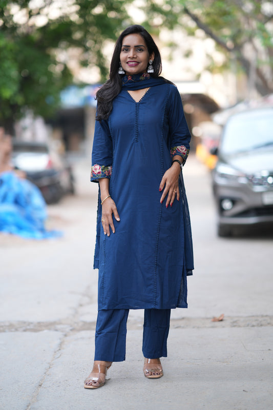 Blue Jaipur Cotton with Lace on Neck and Kurta and Embroidery on Duppata and Sleeves