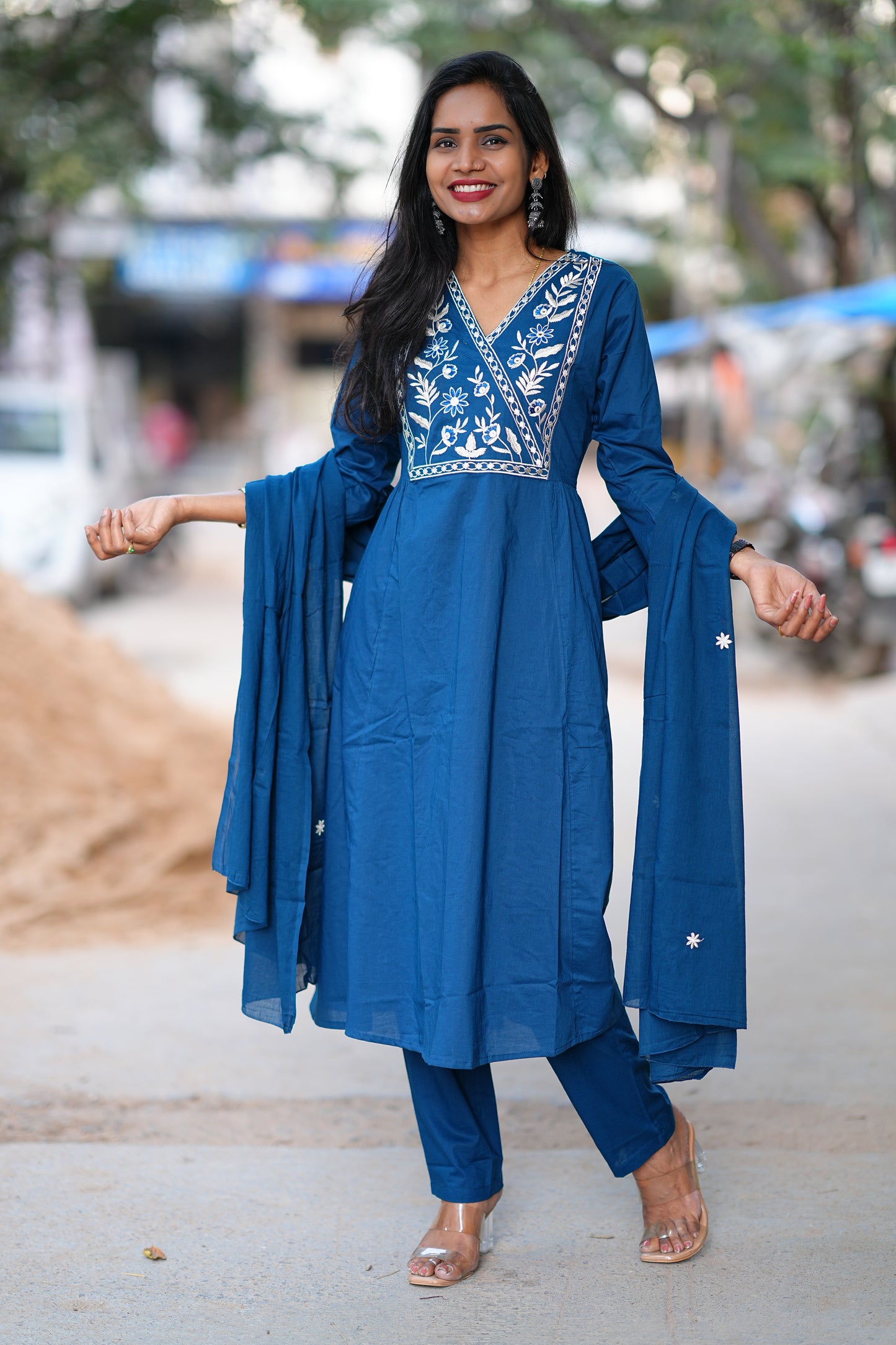 Pure 92.5 Cotton With Thread Embroidery Work anarkali 3 Piece Set