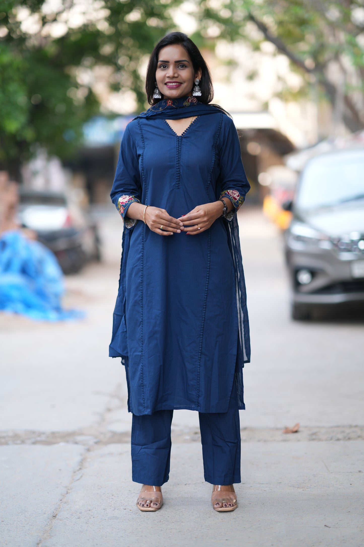 Blue Jaipur Cotton with Lace on Neck and Kurta and Embroidery on Duppata and Sleeves