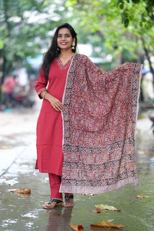 Red Color Pure Jaipur Cotton V Neck Straight Cut With Kalamkari Dupatta
