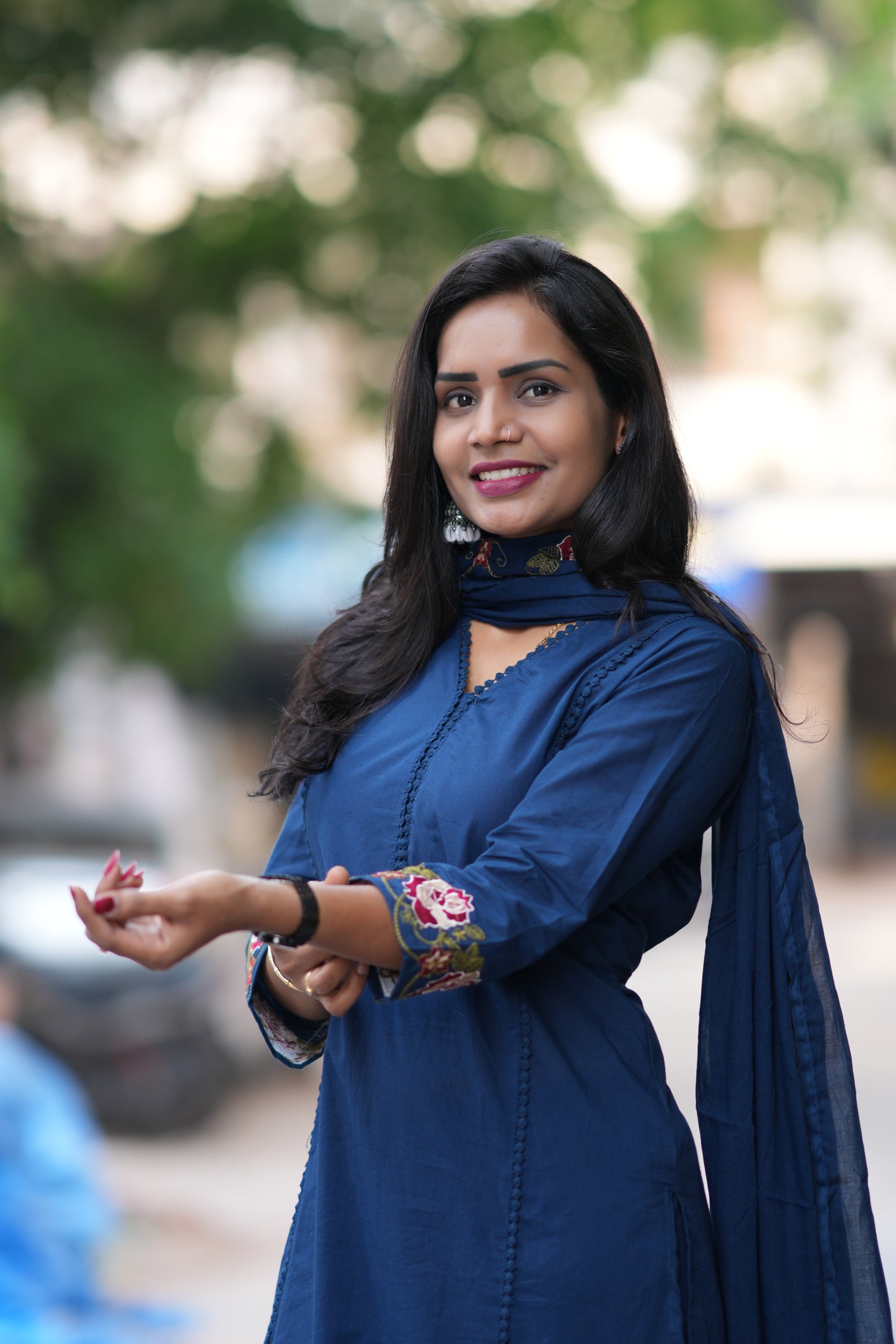 Blue Jaipur Cotton with Lace on Neck and Kurta and Embroidery on Duppata and Sleeves
