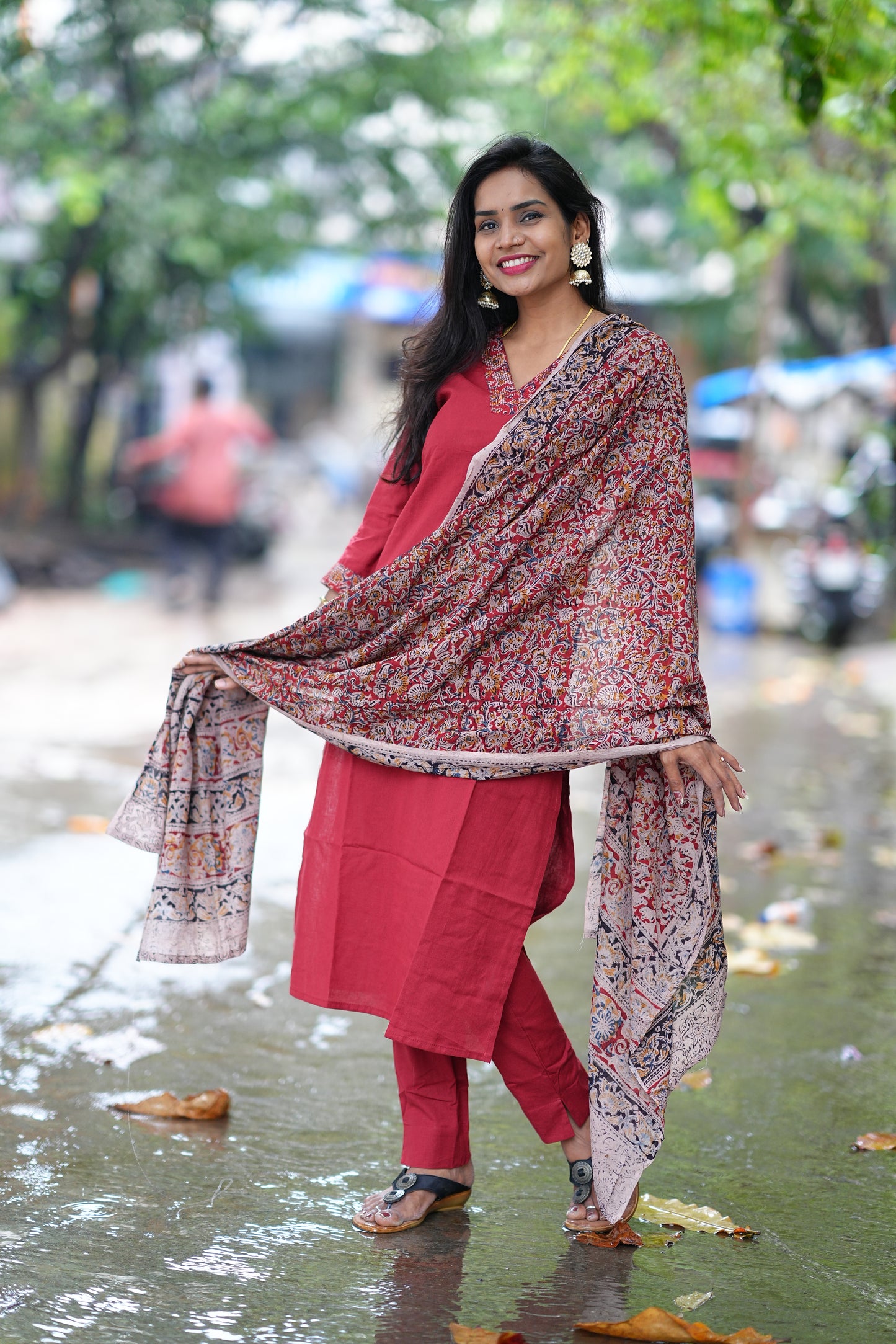 Red Color Pure Jaipur Cotton V Neck Straight Cut With Kalamkari Dupatta