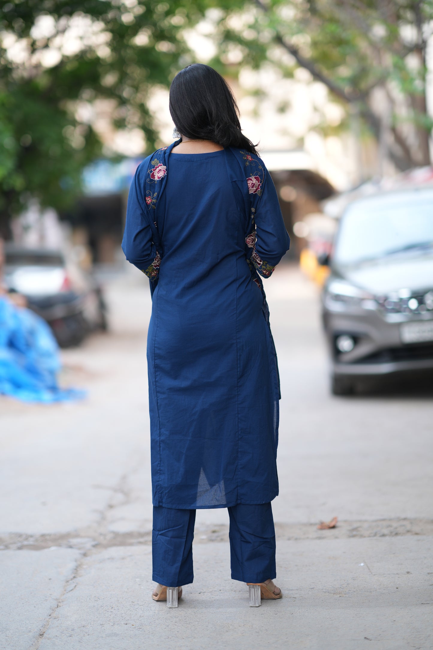 Blue Jaipur Cotton with Lace on Neck and Kurta and Embroidery on Duppata and Sleeves
