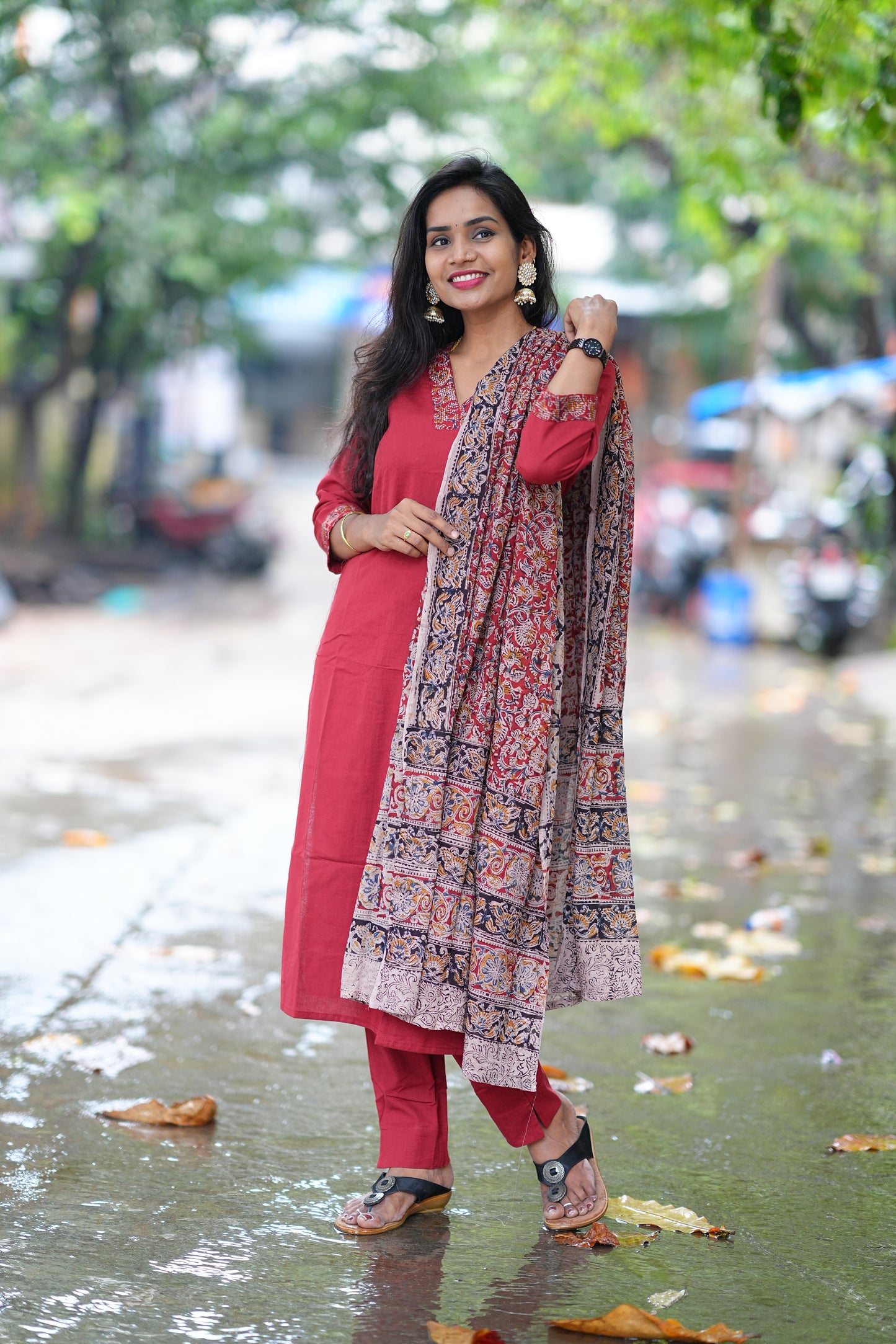 Red Color Pure Jaipur Cotton V Neck Straight Cut With Kalamkari Dupatta
