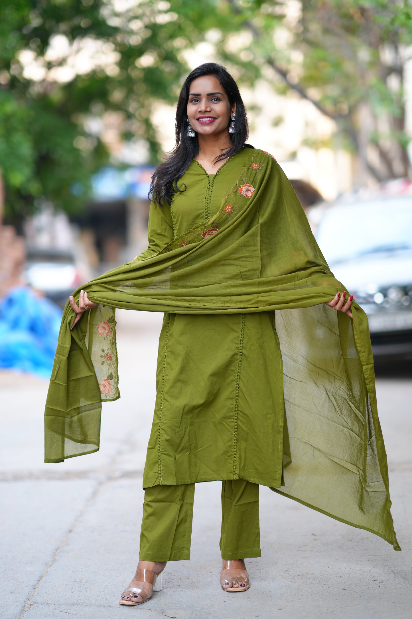 Green Jaipur Cotton with Lace on Neck and Kurta and Heavy Embroidery on Sleeves