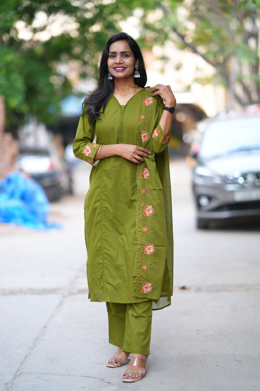 Green Jaipur Cotton with Lace on Neck and Kurta and Heavy Embroidery on Sleeves