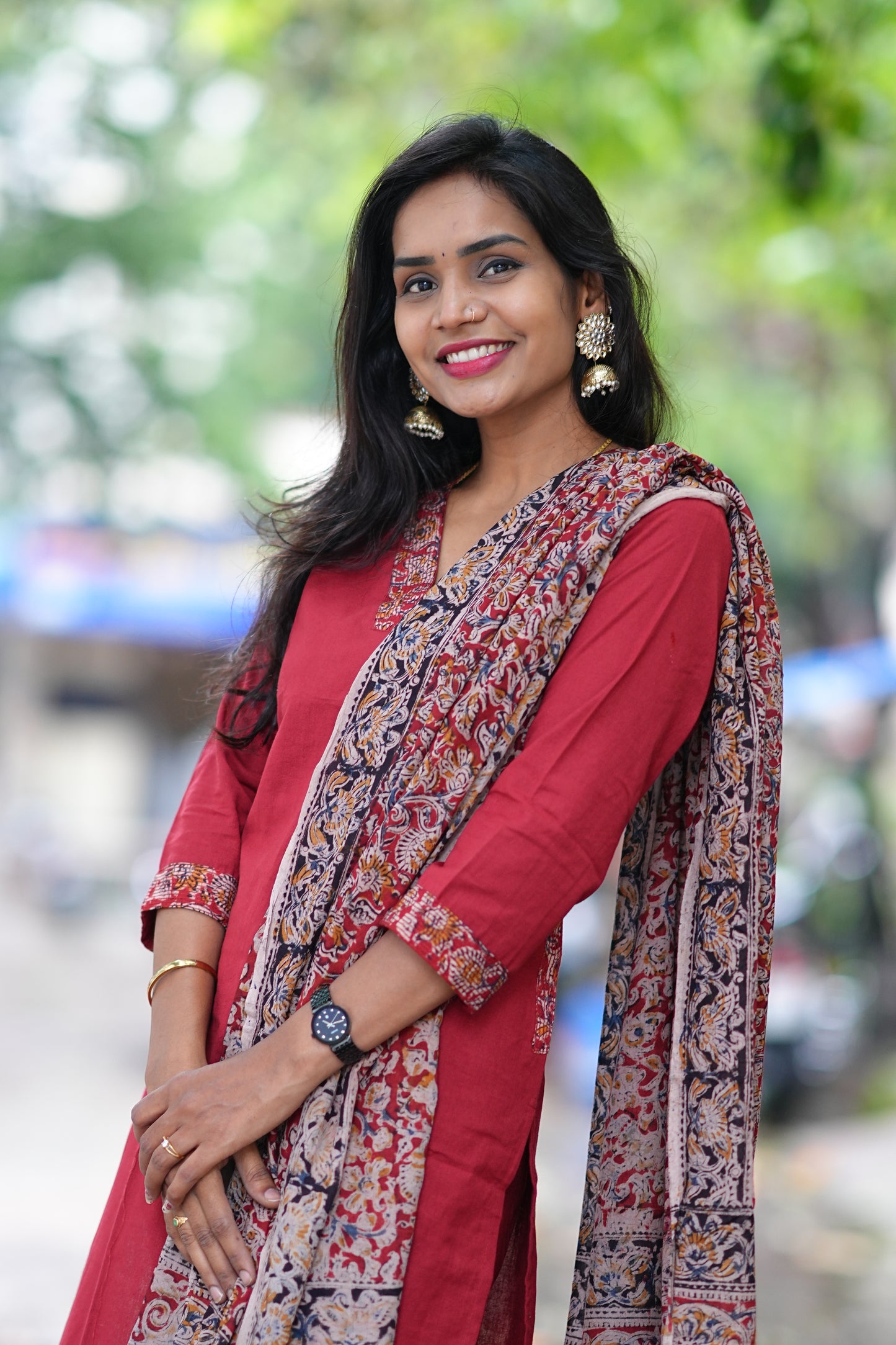 Red Color Pure Jaipur Cotton V Neck Straight Cut With Kalamkari Dupatta