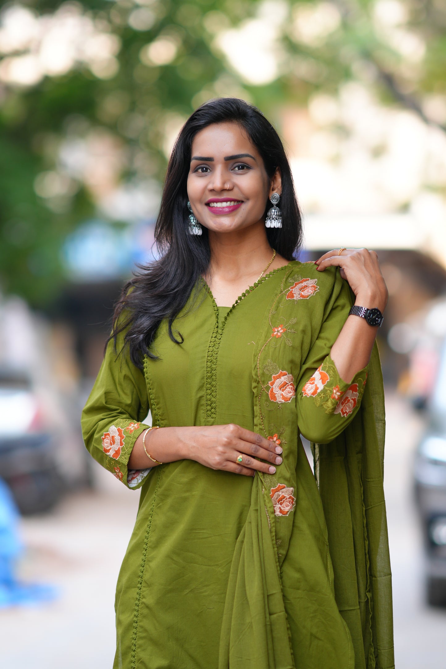 Green Jaipur Cotton with Lace on Neck and Kurta and Heavy Embroidery on Sleeves
