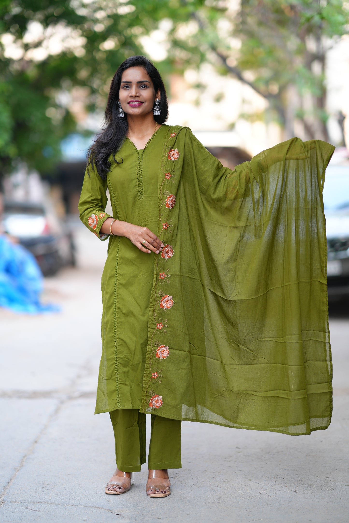 Green Jaipur Cotton with Lace on Neck and Kurta and Heavy Embroidery on Sleeves