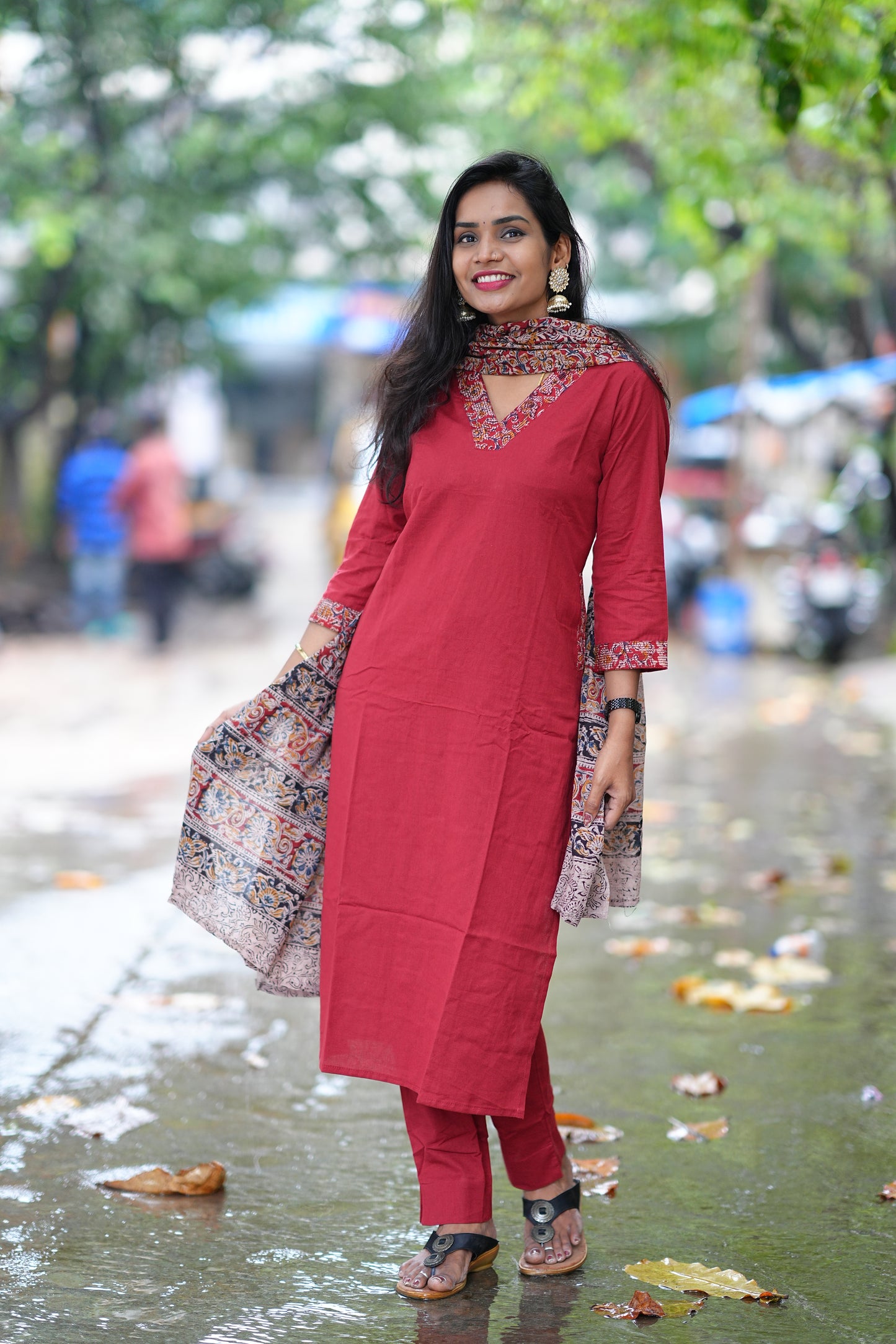 Red Color Pure Jaipur Cotton V Neck Straight Cut With Kalamkari Dupatta