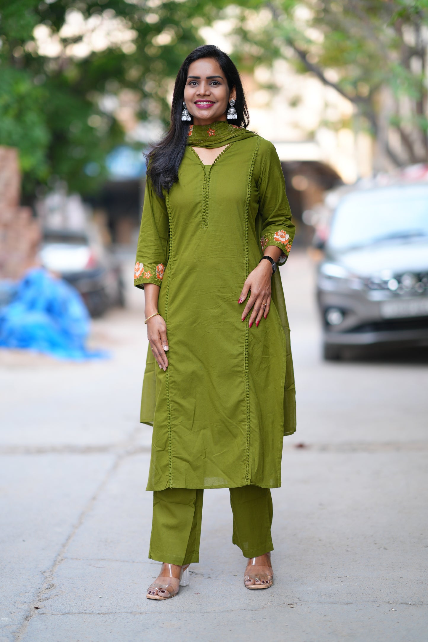 Green Jaipur Cotton with Lace on Neck and Kurta and Heavy Embroidery on Sleeves