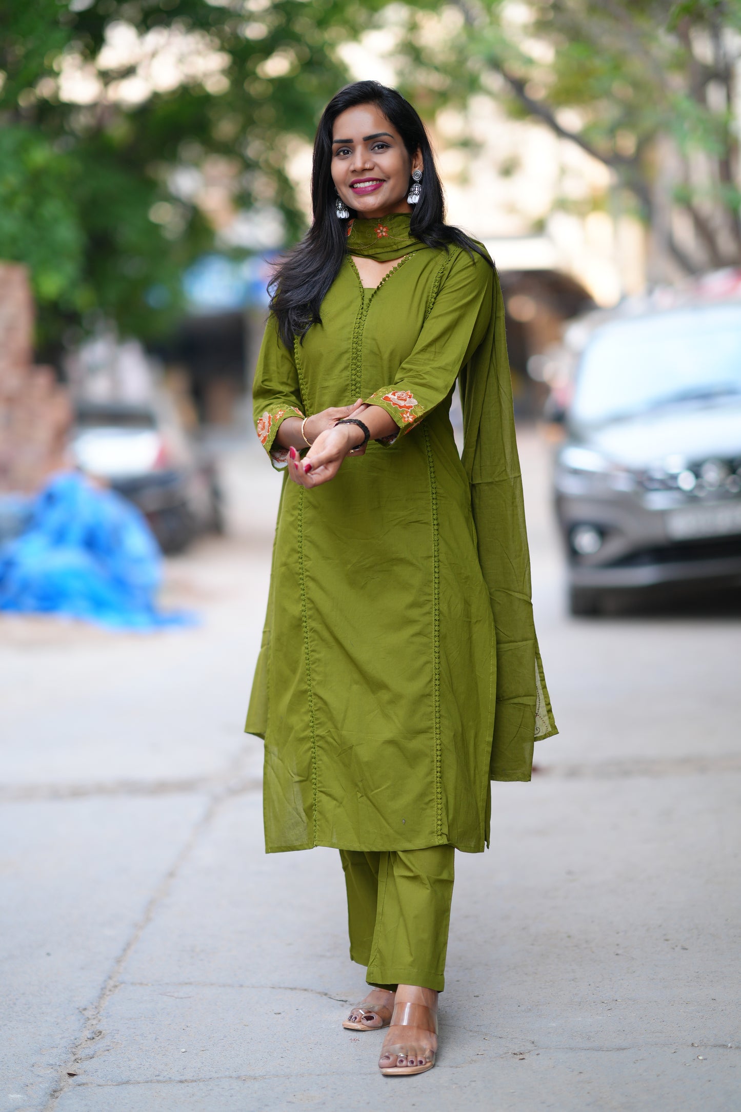 Green Jaipur Cotton with Lace on Neck and Kurta and Heavy Embroidery on Sleeves
