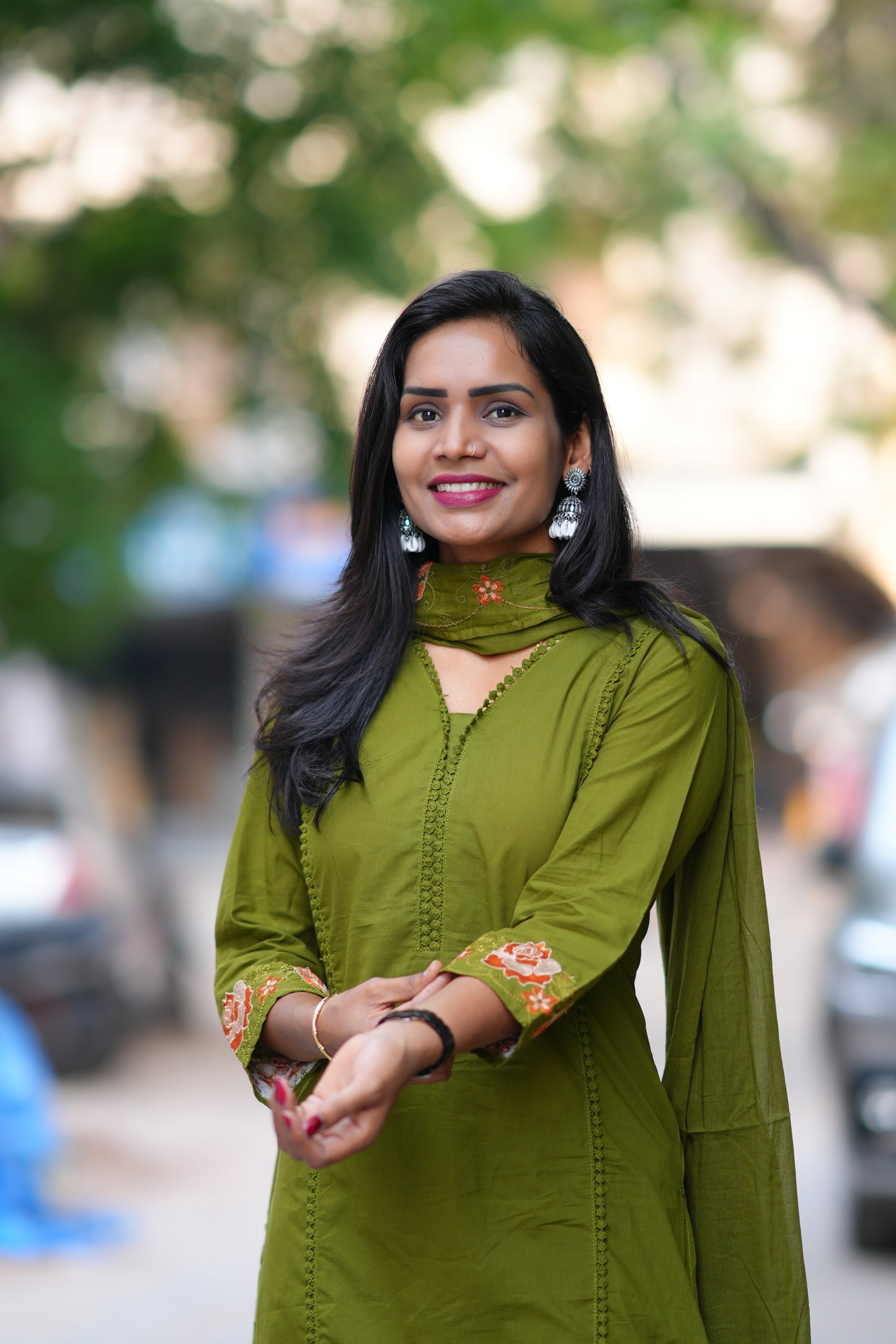Green Jaipur Cotton with Lace on Neck and Kurta and Heavy Embroidery on Sleeves